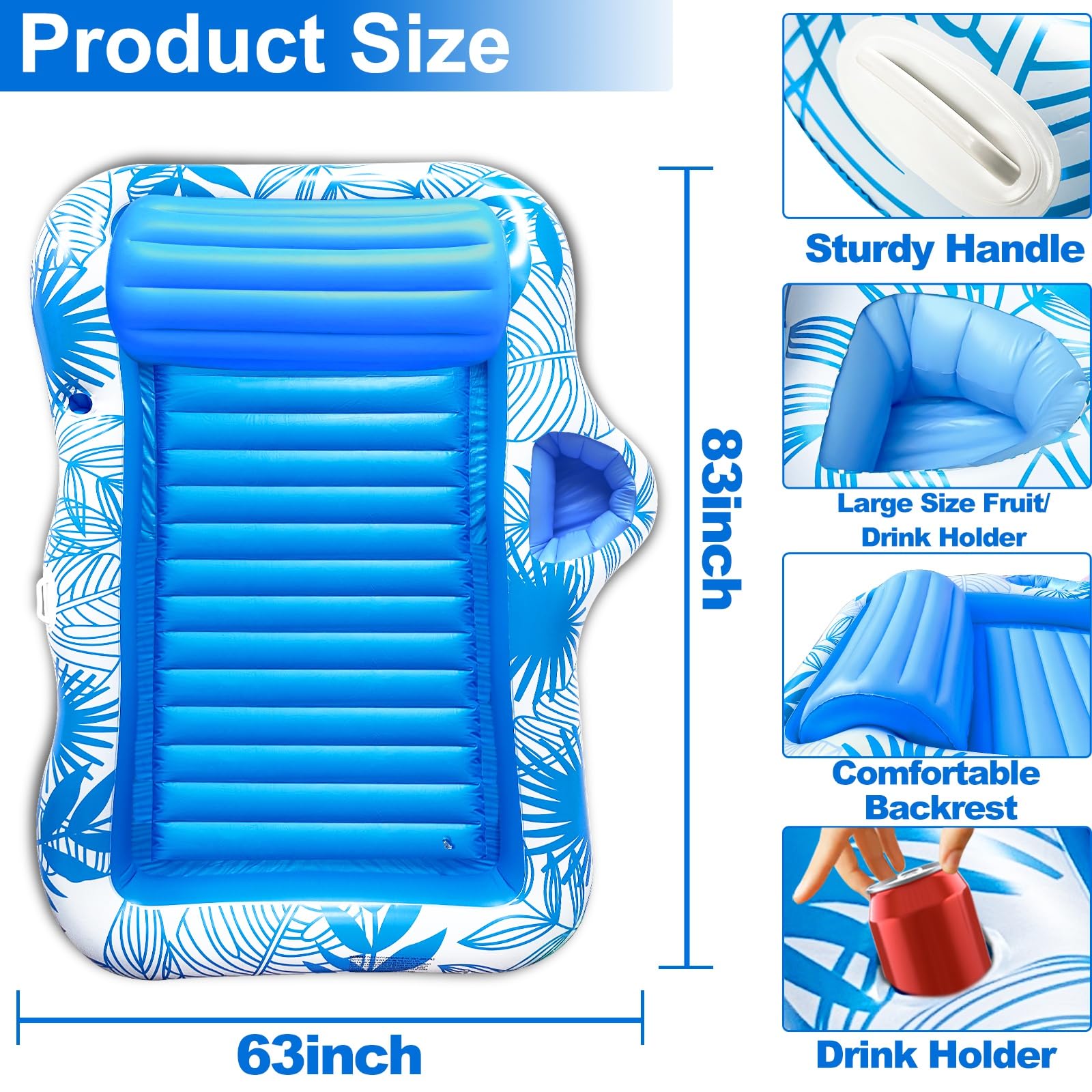 Water Floats For Adults 83" X 63" Extra Large Inflatable Tanning Pool Float Lounger For Adults With Backrest & Large Size Drink Holder, Water Filled Tanning Bed Pool Raft Floatie Blow Up