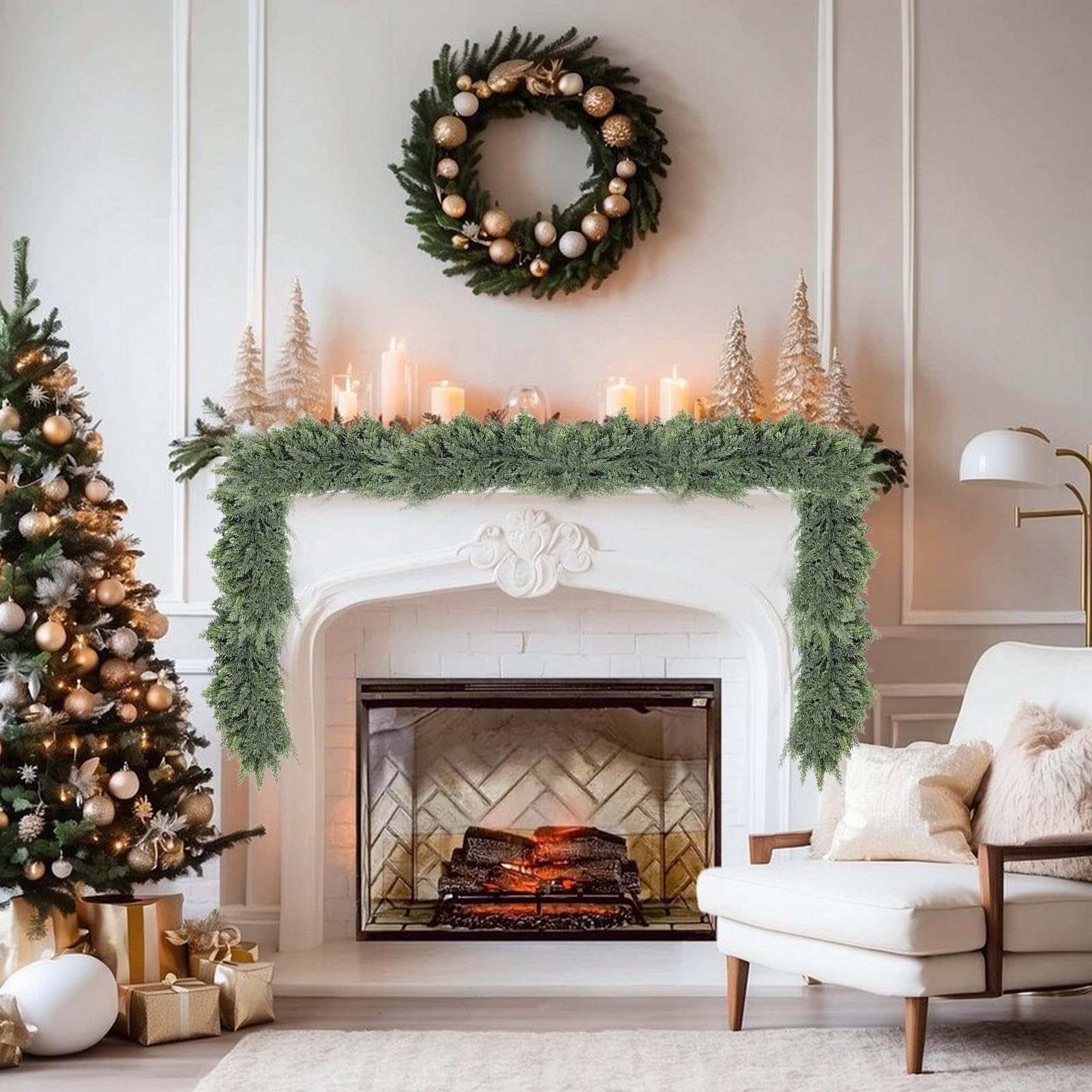 Guirnalda de Pino para Navidad Decoración Navideña de Guirnalda Artificial | Decoración Hogar para Escaleras Repisa Ventana Interior Puerta Principal