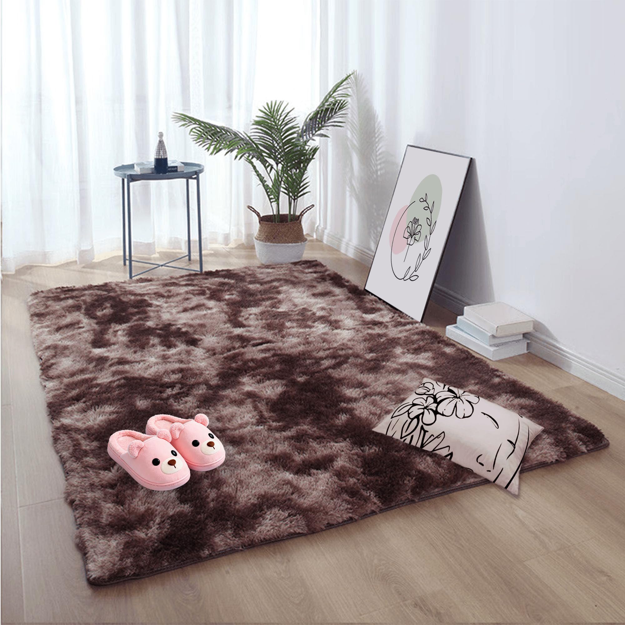 Tapis de salon moelleux poils longs marron, tapis de sol doux pour crèche