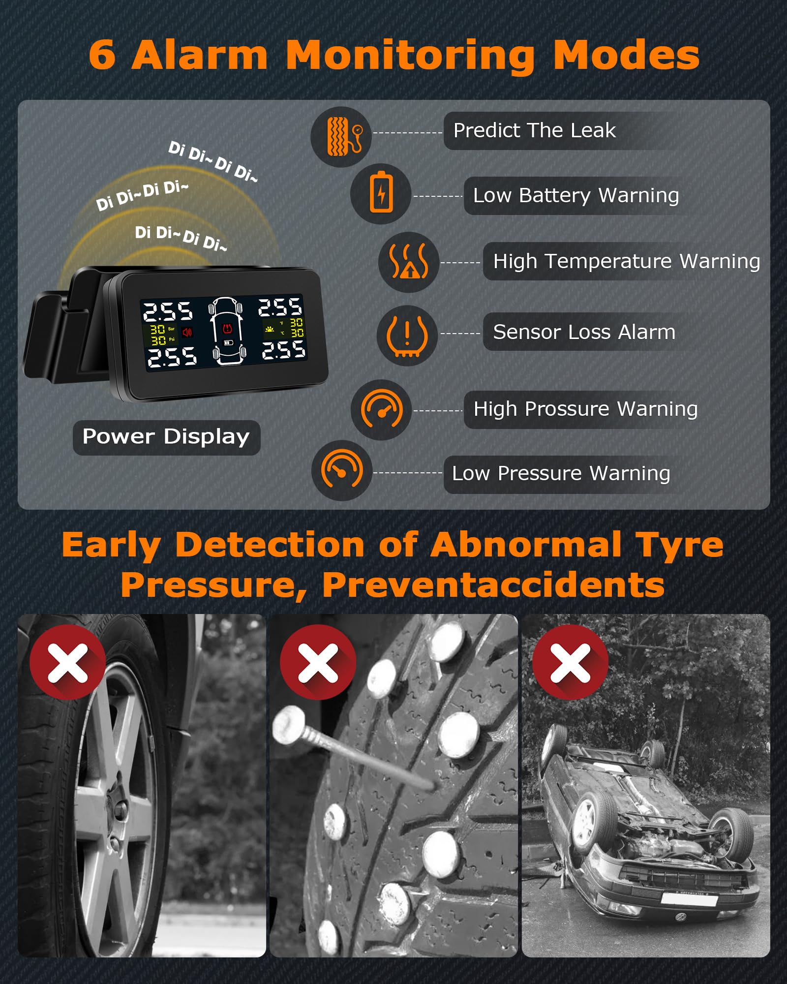 Airpuxem TPMS Sistema di Monitoraggio della Pressione dei Pneumatici 4/2 Modalità Ruota con Staffa Rimovibile 0,01 Bar Solar TPMS con 6 Alarm-Modus, 4 Esterni Sensori Pressione Pneumatici per 21-87Psi