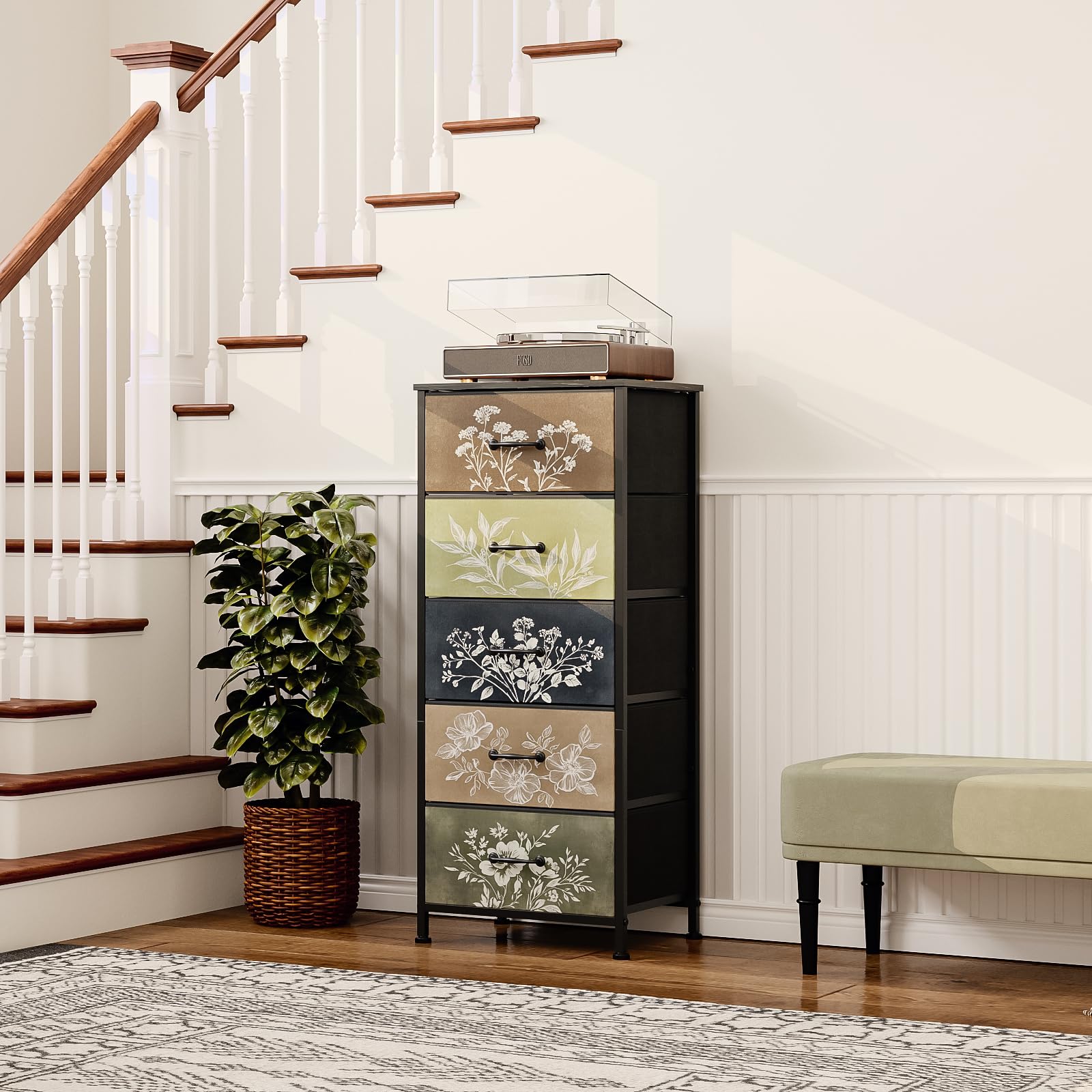 Cajonera de tela con 5 cajones de tela con diseño floral para dormitorio, sala de estar, habitación infantil y pasillo