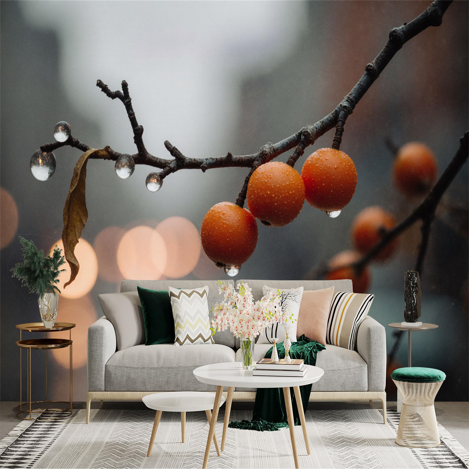 Custom Size Wall Sticker Mural， Orange Berries on Tree Branch， Morning Dew Drops， Soft Bokeh Background， Autumn Nature Scene， for wall Decoration， peelandstick wall Decals.