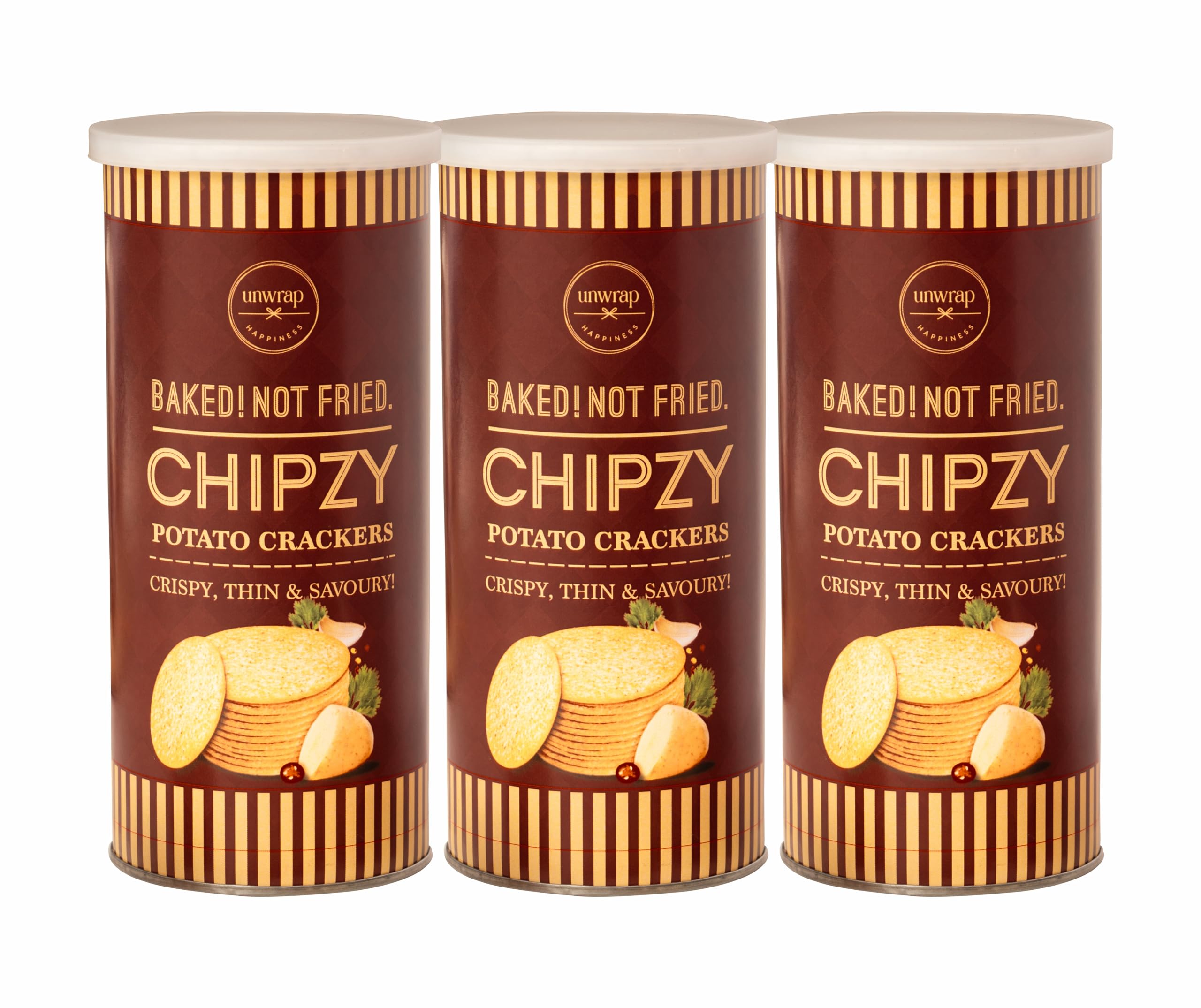 Unwrap Happiness Potato Crackers Chipzy | Crispy, Thin & Savoury Baked Chips With Masala Seasoning | Reusable Tin | Snacks For Kids & Adults | Cracker Chips | Vegetarian | 100 Grams X 3 Pieces-image-49