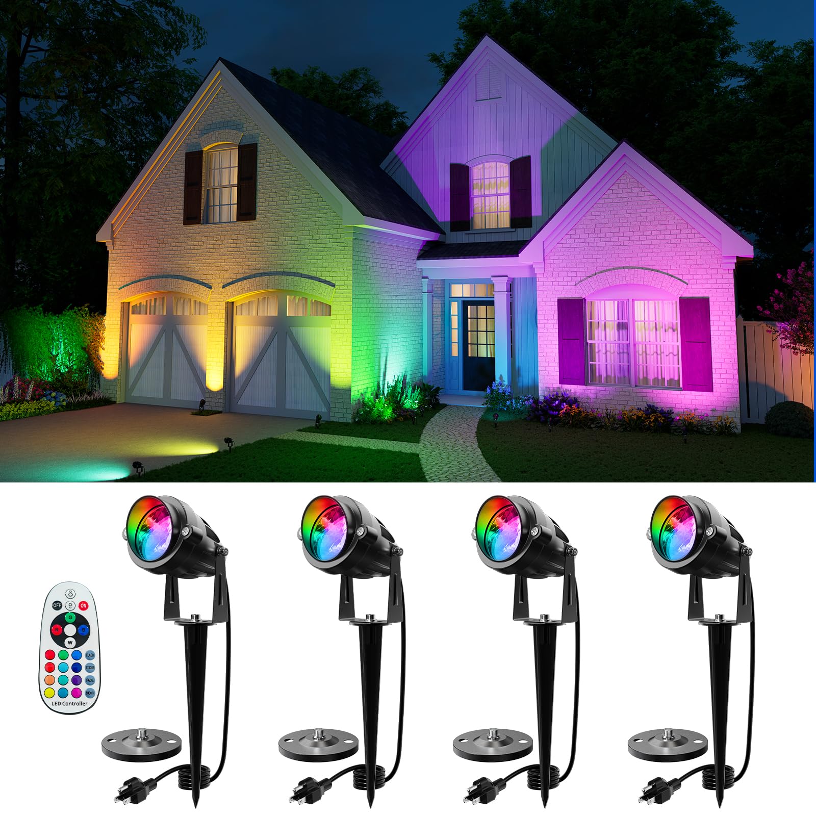 4 Pack RGB Landscape 12W Spotlights for Outdoor &amp; Indoor Decoration Waterproof 120V Wired Color Changing Spot Light with Remote for Lighting Garden Tree, Potted Flowers, Cabinet Display, Artwork