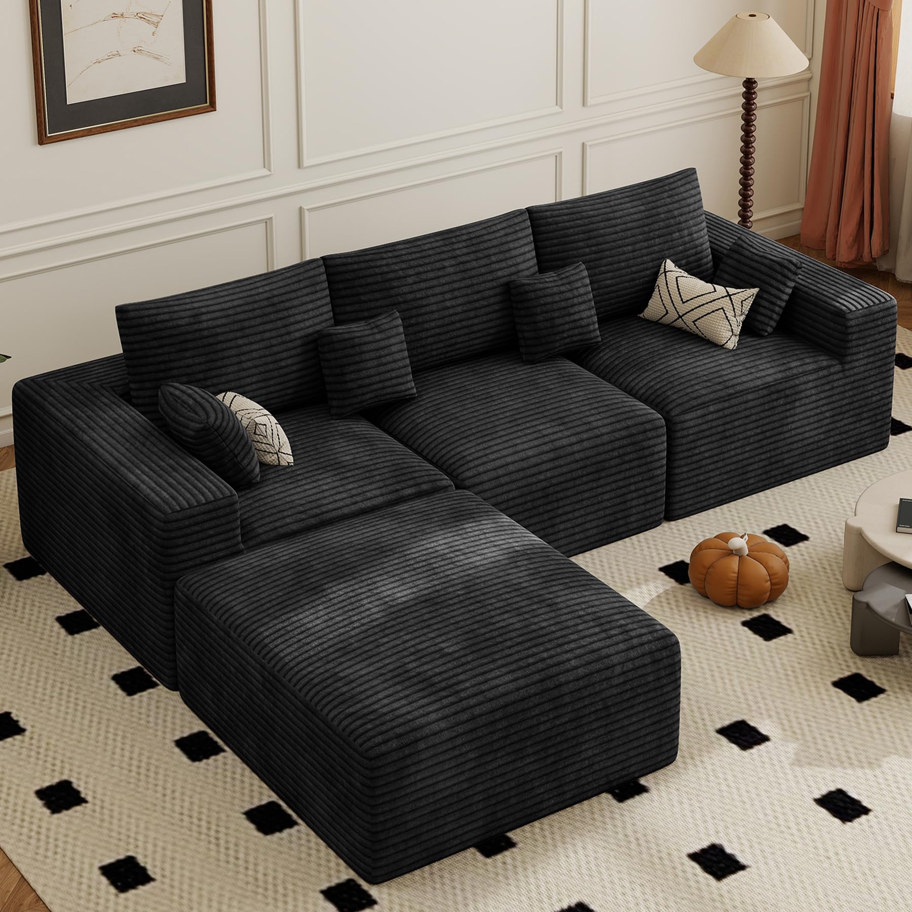 113 Modular Sectional Sofa Convertible L-Shaped Cloud Couches for Living Room with Ottoman 4 Seater Corduroy Boneless Couch