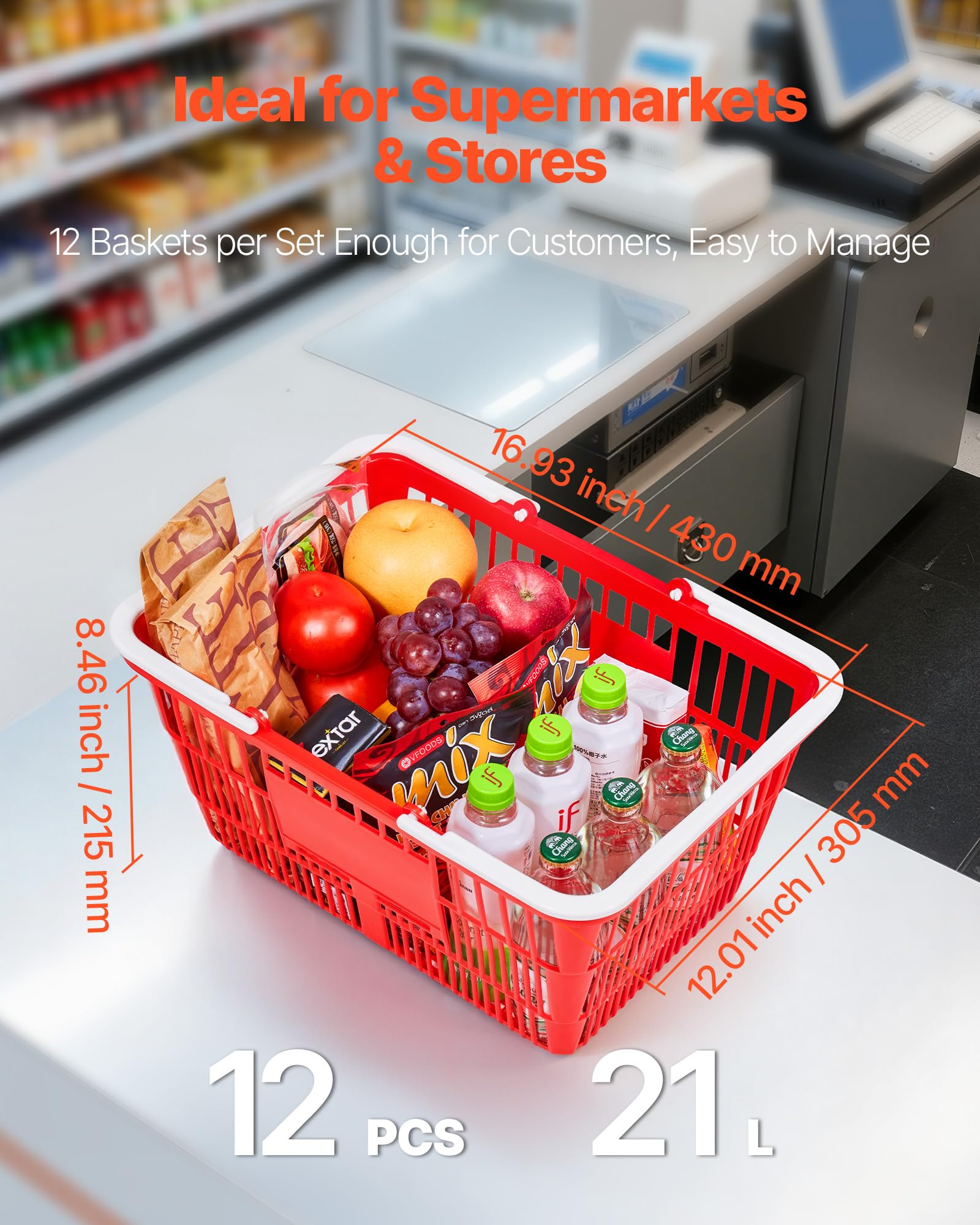 VEVOR Cestas de Compra con Asas 12 Piezas 430 x 305 x 215 mm, Apilables, de Plástico PE, Estructura de Malla Densa, Capacidad de hasta 9,07 kg, para Supermercados, Tiendas, Uso Doméstico, Rojo