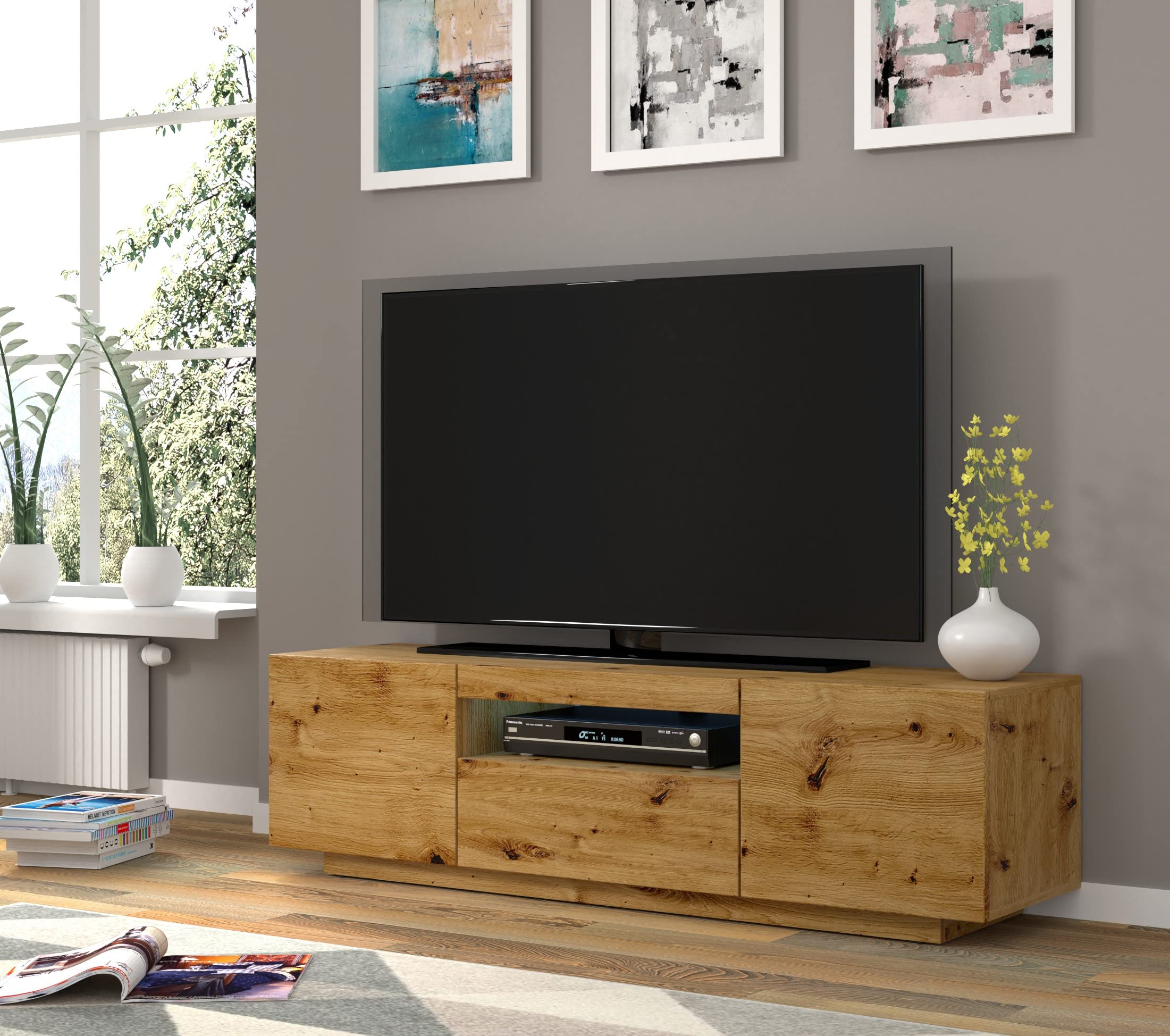 BIM Furniture Lowboard TV 150 cm - Universell Sideboard mit Laminierten Fronten und LED, Hängend oder stehend - Fernsehschrank HiFi Schrank fürs Wohnzimmer Artisan Eiche