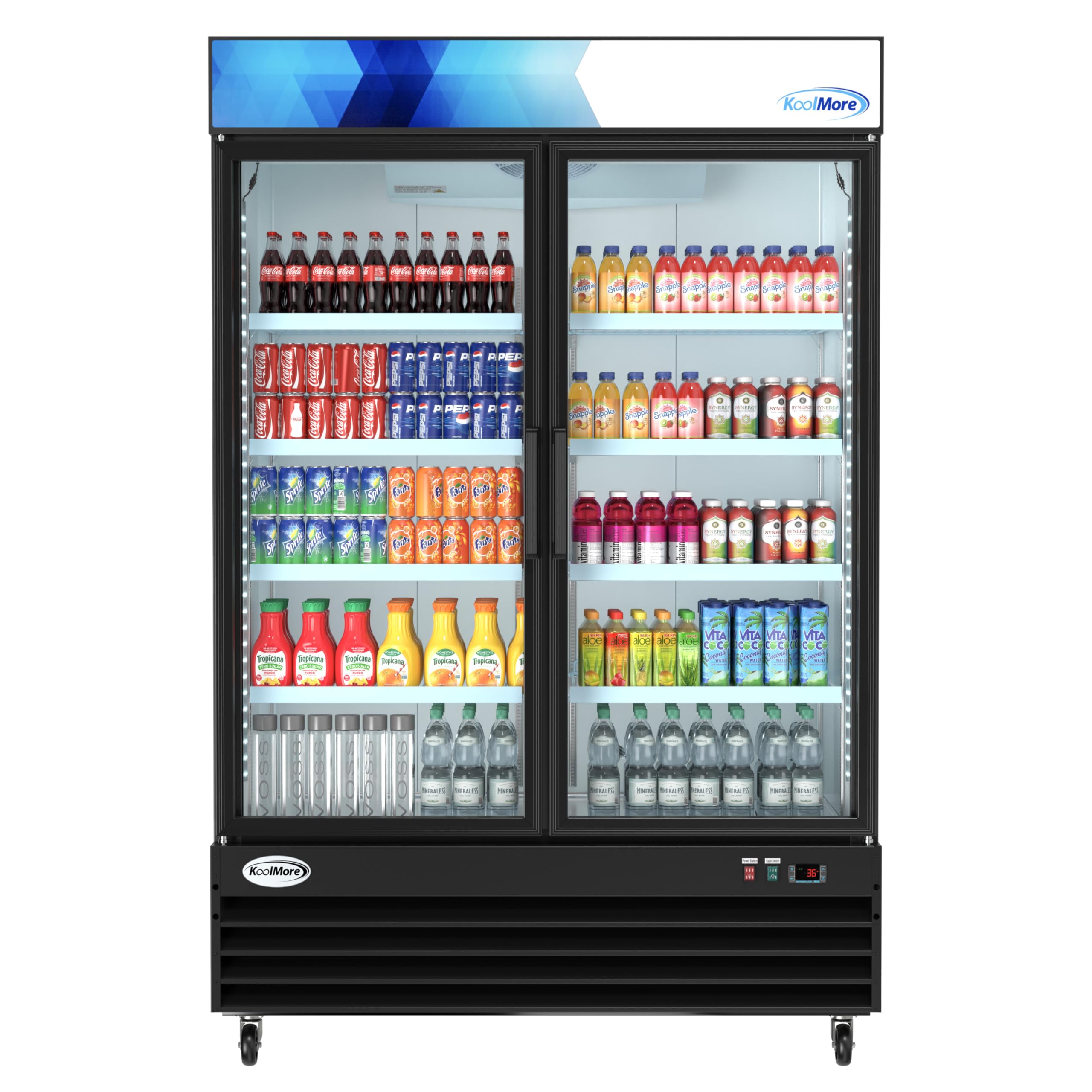 KoolMore MDR-2GD-45C 53 in. Commercial Merchandiser Refrigerator with Two Swinging Glass Doors, 45 cu. ft. and LED Lighting in Black, ETL Listed