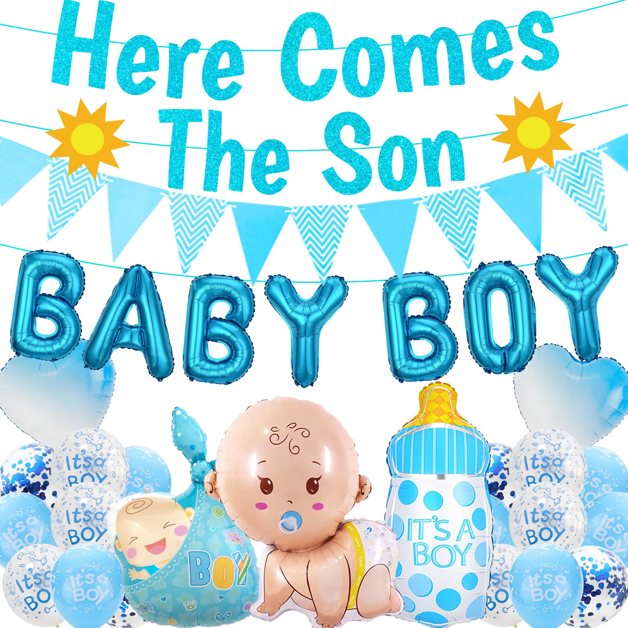 Baby Shower Decorations for Boys - 27 Pcs Blue Here Comes The Son Banners Baby Boy Letters Balloon Banner Triangular Flag Bottle Balloon Heart Balloons Baby Boy Balloons Set for Shower Welcome Party