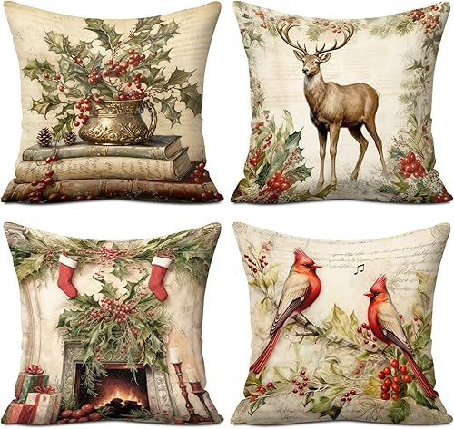 Miniatura 2 de Fundas de almohada decorativas navideñas, fundas de almohada navideñas de estilo retro de 18 x 18 pulgadas, juego de 4 piezas, adecuadas para