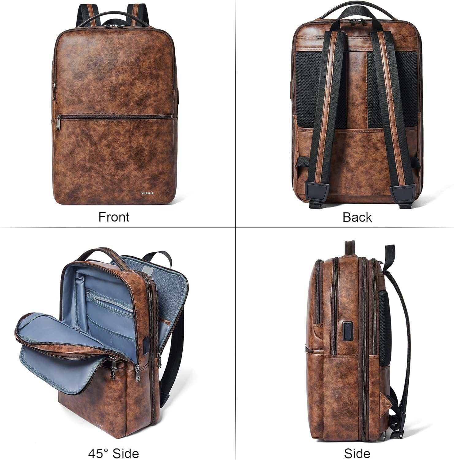 Shrrie Vegan Leather Laptop Backpack for Women&Men,16 Inch Expandable Backpack with USB Charging Port,Two-toned Brown - Image 8