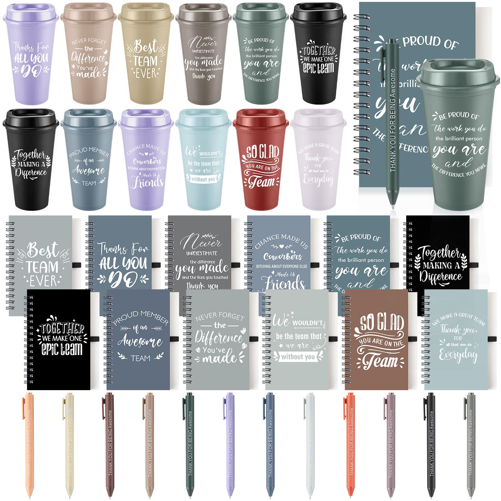 LemonRoad Lot de 36 gobelets en plastique de 473,6 g avec couvercle et paille inspirants pour tasse à café inspirante - Mini carnets à spirale et stylos - Cadeau de remerciement pour le personnel et