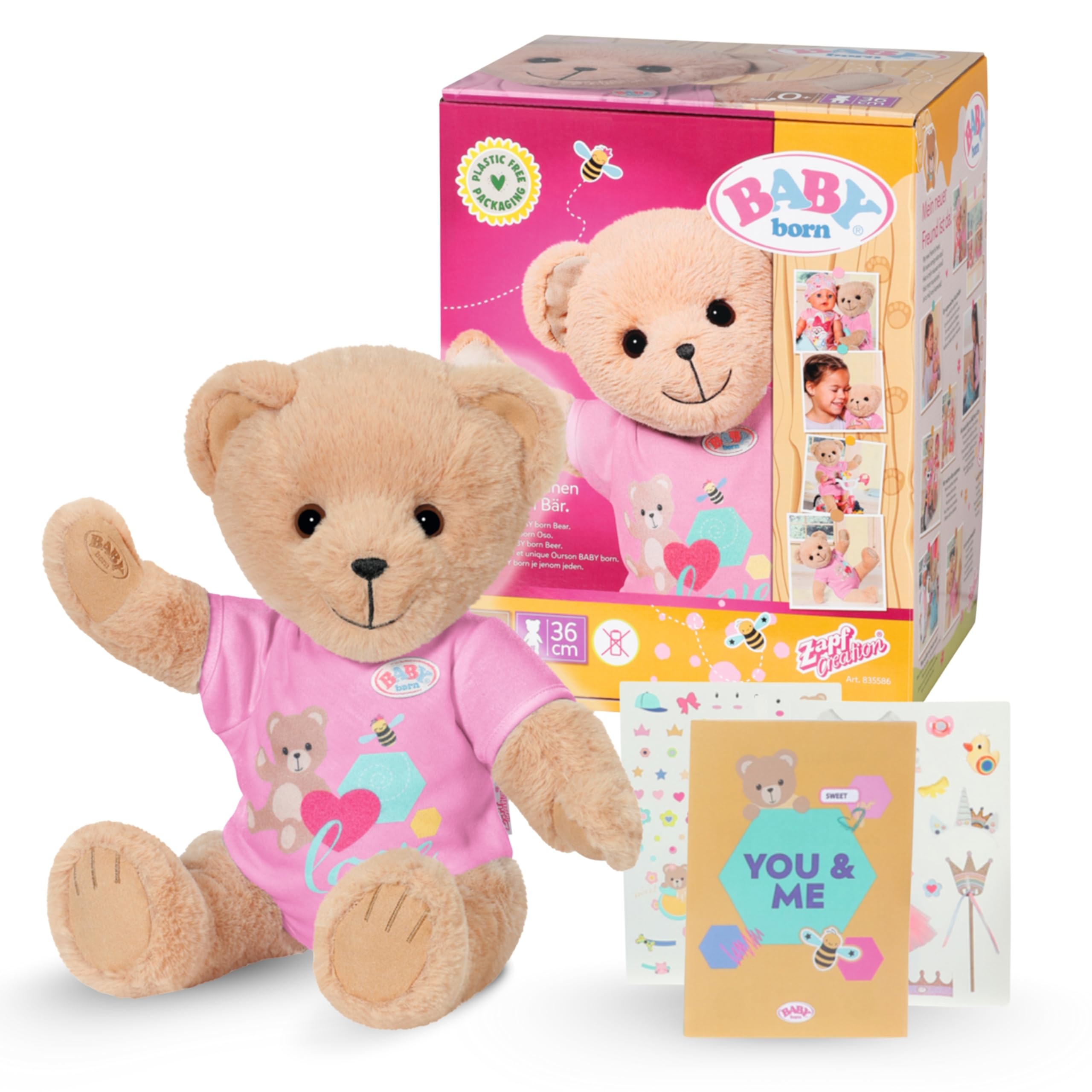 bear - Soft teddy bear with movable arms & legs - Cuddly toy with pink romper & incl. accessories - Suitable for children aged 0+