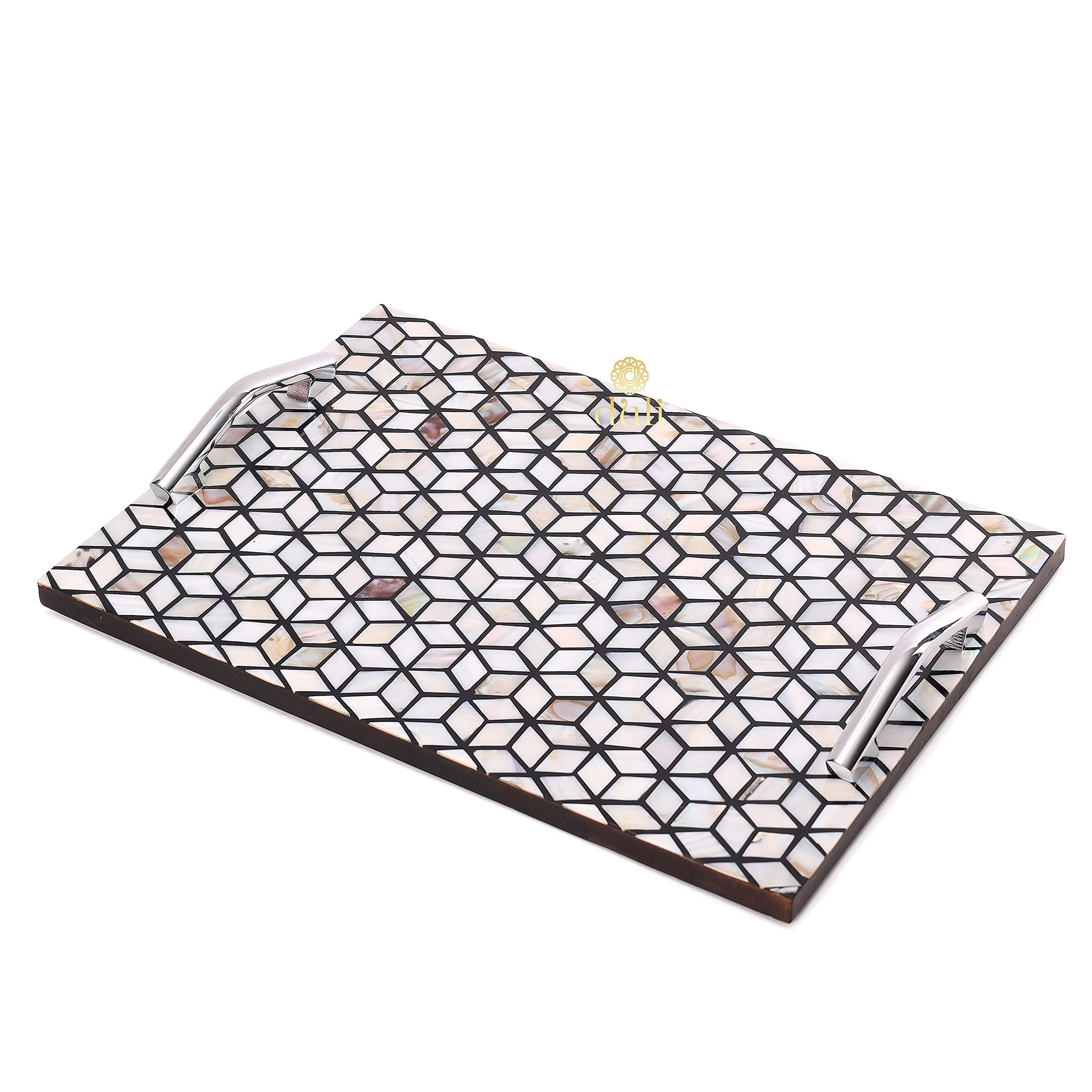 DULI Multipurpose MOP Inlay Tray with Handle | Serving Tray for Home & Dining Table | Multipurpose Tray | Water & Heat Resistant Durable| Delicate Tray | Showpiece Tray (MOPPlatterRct)