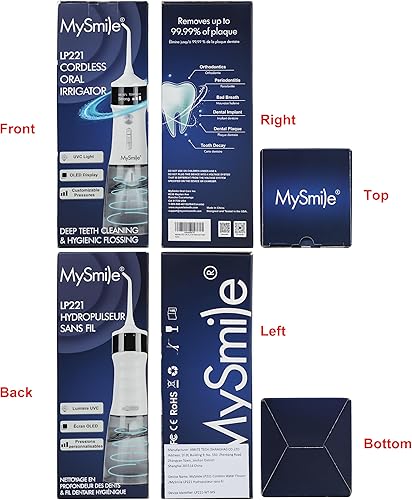 Miniatura 8 de MySmile LP221 UVC - Irrigador dental inalámbrico esterilizable para dientes, pantalla OLED portátil de 11.3 fl oz, con 4 modos, 8 puntas de chorro y