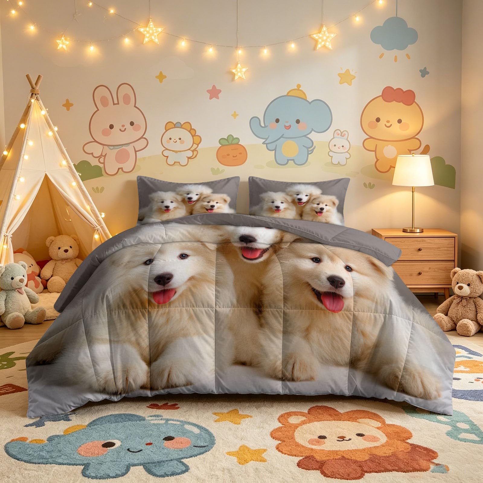 Couette Réversible Chien Samoyède Animal de Compagnie pour Lit 2 Personnes Couette sans Housse Mignon pour Enfants Lavable en Machine avec Taies d'oreiller pour Toutes Saisons, Gris, 200 x 200 cm