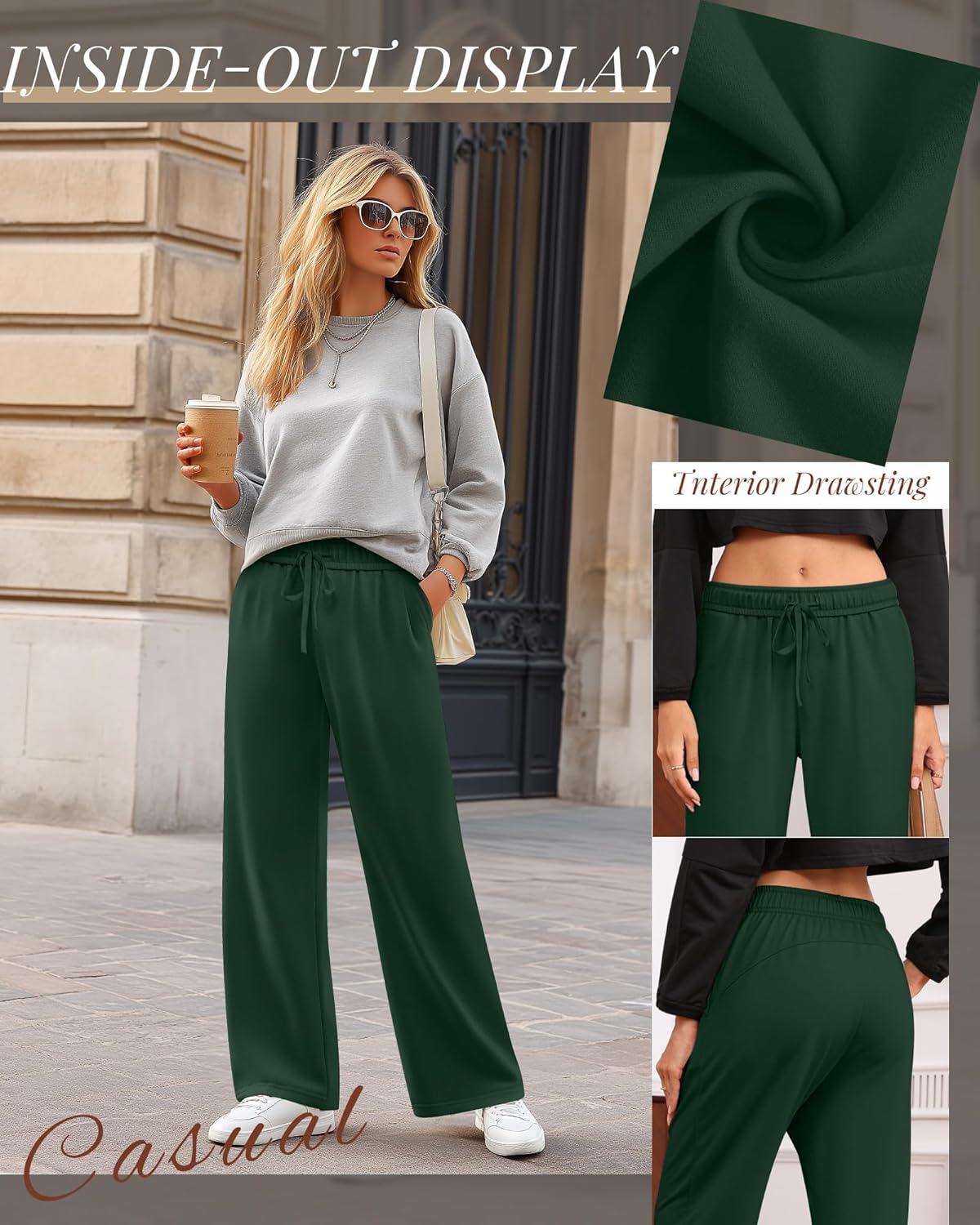 3 Pack Women's Wide Leg Sweatpants Interior Drawstring Baggy Sweatpant High Waisted Casual Jogger Pant with Pocket - Image 2