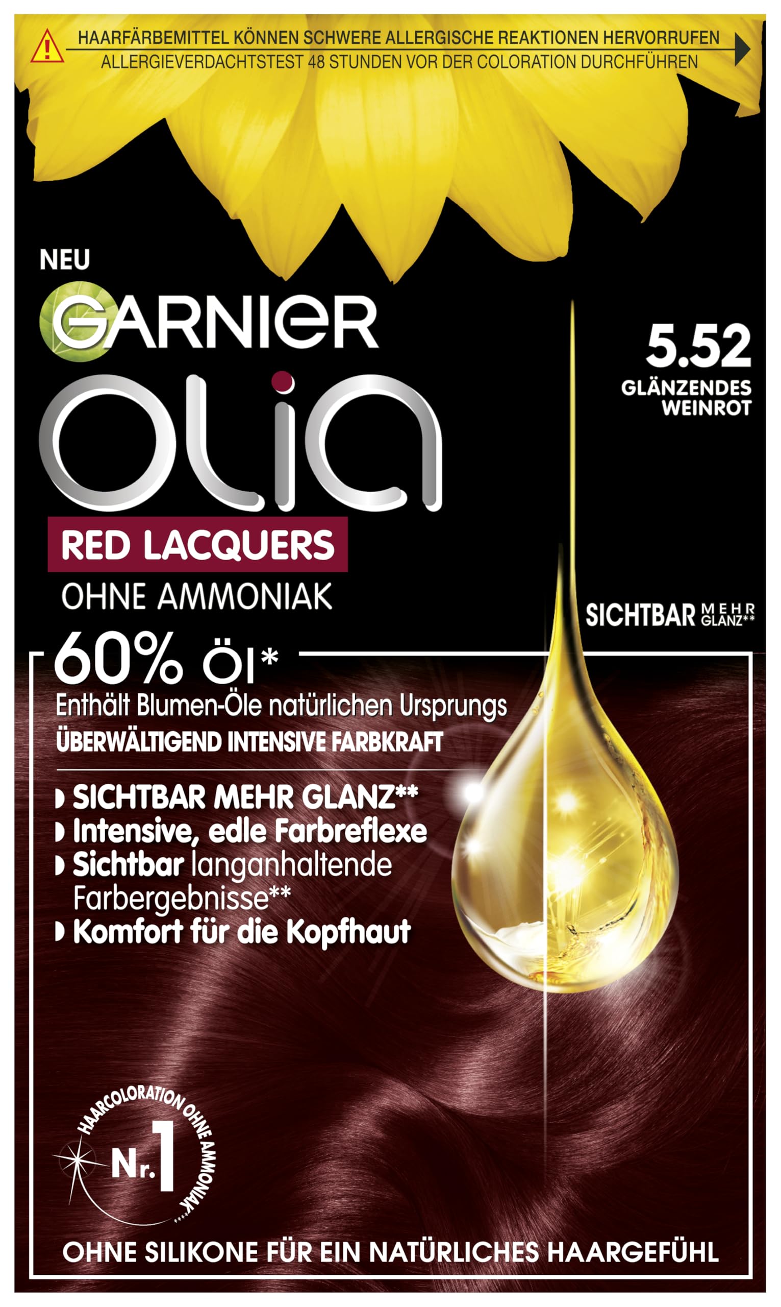 Garnier Olia Red Lacquers Dauerhafte Haarfarbe in 5.52 Glänzendes Weinrot, Öl-basierte Formel für langanhaltendes Rot, 60g, 60g, 54ml