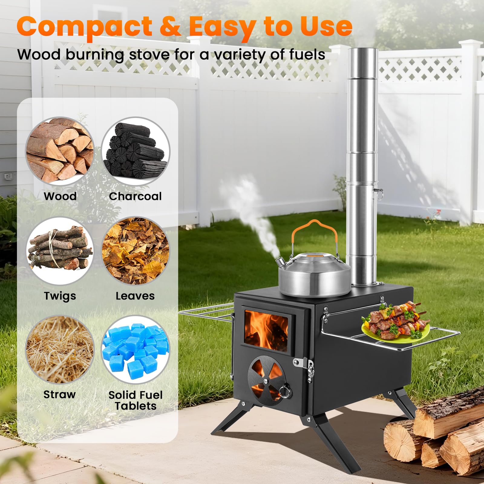 SOPPY Horno de tienda de campaña mini estufa de leña portátil de camping de acero inoxidable estufa de camping horno de jardín con tubos de chimenea horno de taller para tienda de campaña/jardín