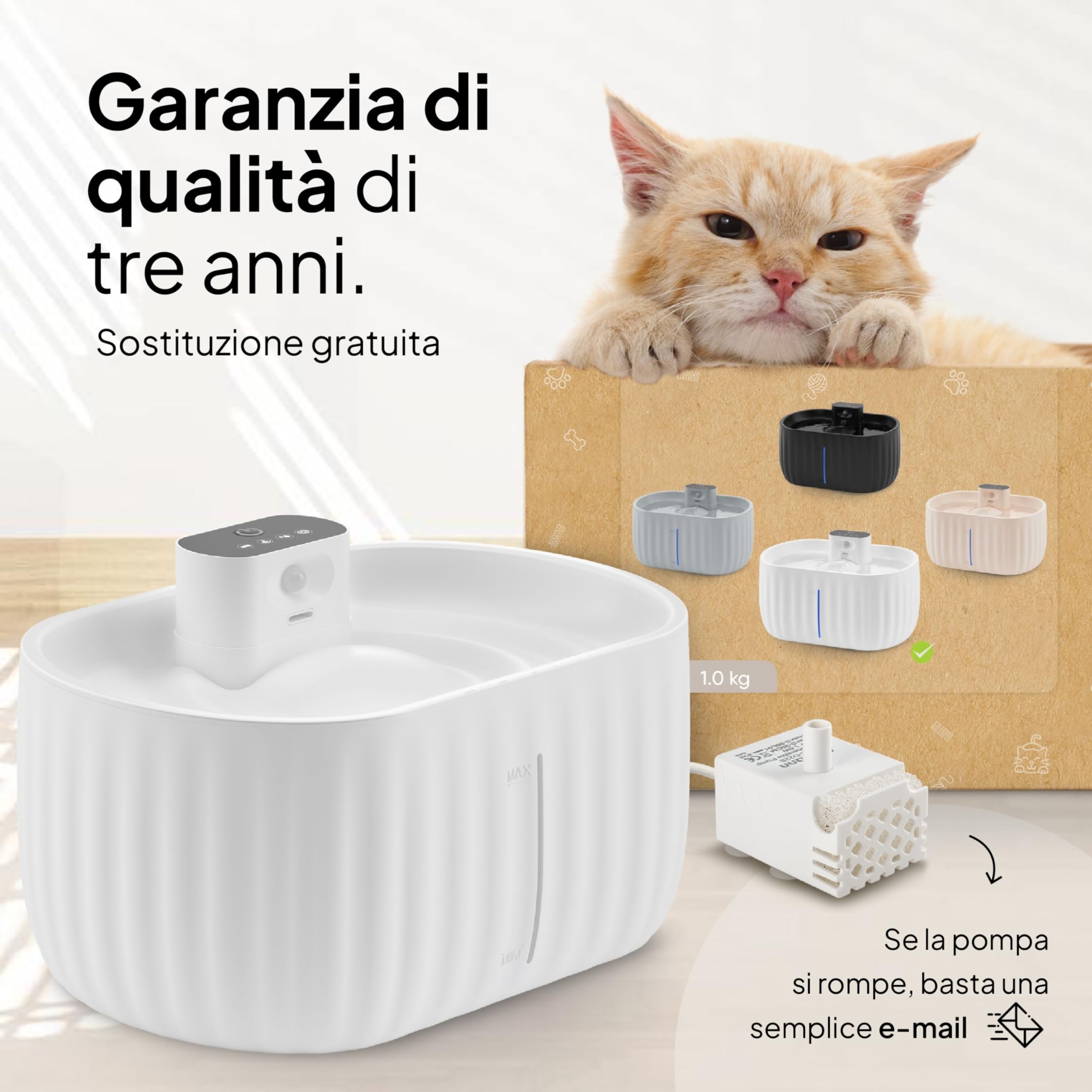 Pretty Paw Fontanella per Gatti Senza Fili 3L - con Sensore e Modalità Programmata, Acqua in Movimento per Stimolare a Bere, Struttura Leggera in ABS per Uso Domestico - Aqua Sense Pro (Bianco)