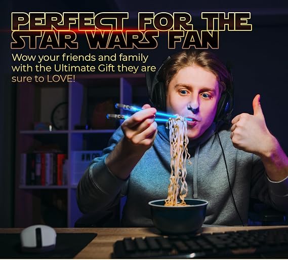 LIGHTSABER CHOPSTICKS LIGHT UP STAR WARS LED Glowing Light Saber Chop Sticks REUSABLE Sushi Lightup Sabers - Removable Handle Dishwasher Safe - Premium GIFT BOX & CARRY CASE Included - BLUE 1 PAIR