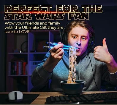 LIGHTSABER CHOPSTICKS LIGHT UP STAR WARS LED Glowing Light Saber Chop Sticks REUSABLE Sushi Lightup Sabers - Removable Handle Dishwasher Safe - Premium GIFT BOX & CARRY CASE Included - BLUE 1 PAIR