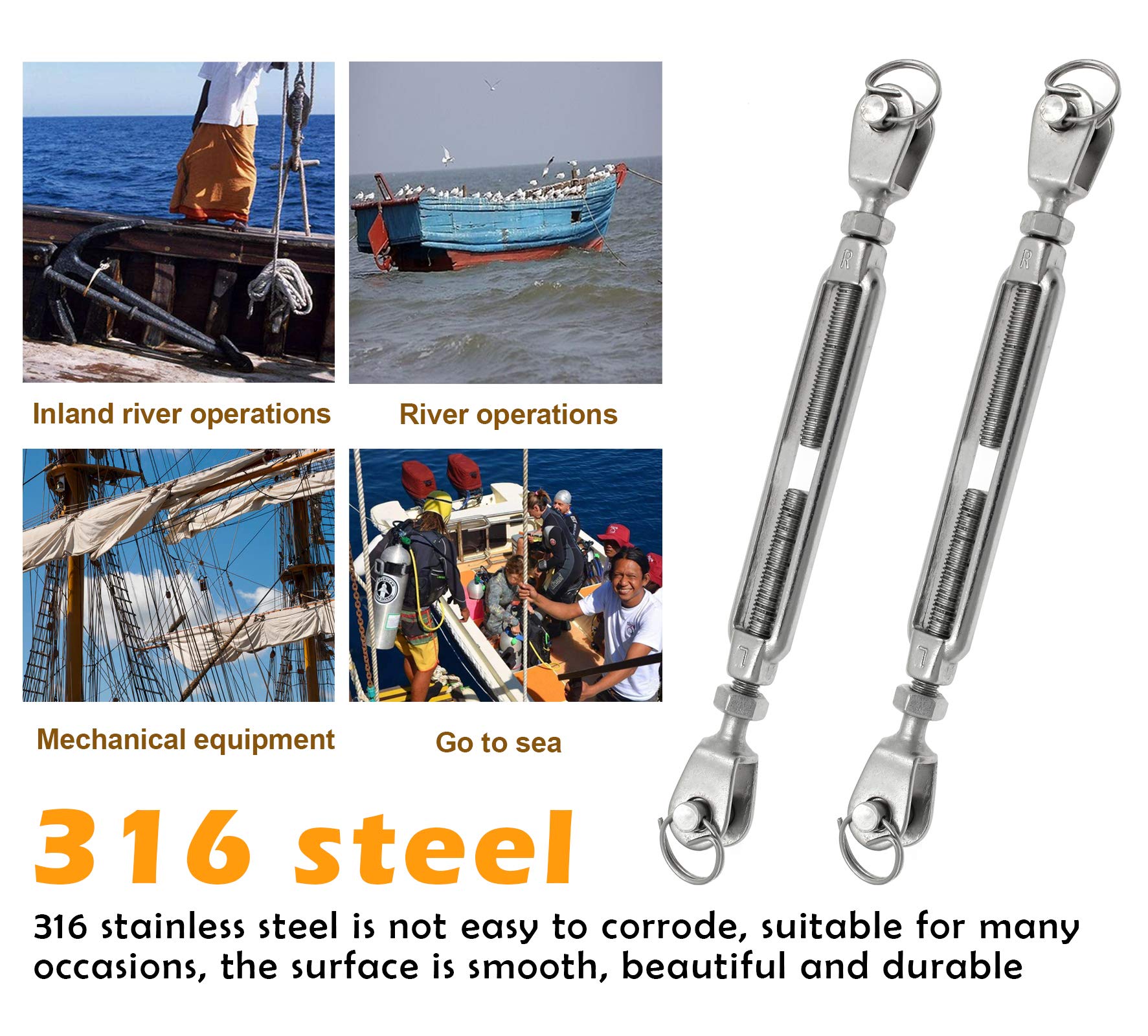 Buy Augiimor 2PCS 316 Stainless Steel Jaw And Jaw Turnbuckle Rigging ...
