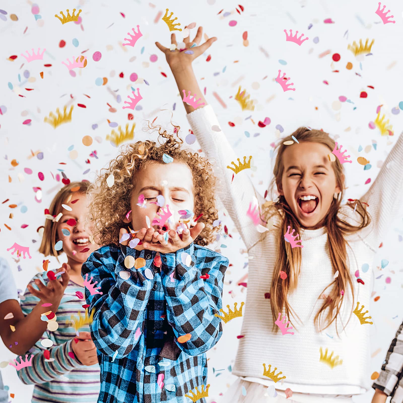Coriandoli con corona glitterata rosa e oro per una tavola per la principessa e la ragazza per il primo compleanno, decorazioni per feste di baby shower