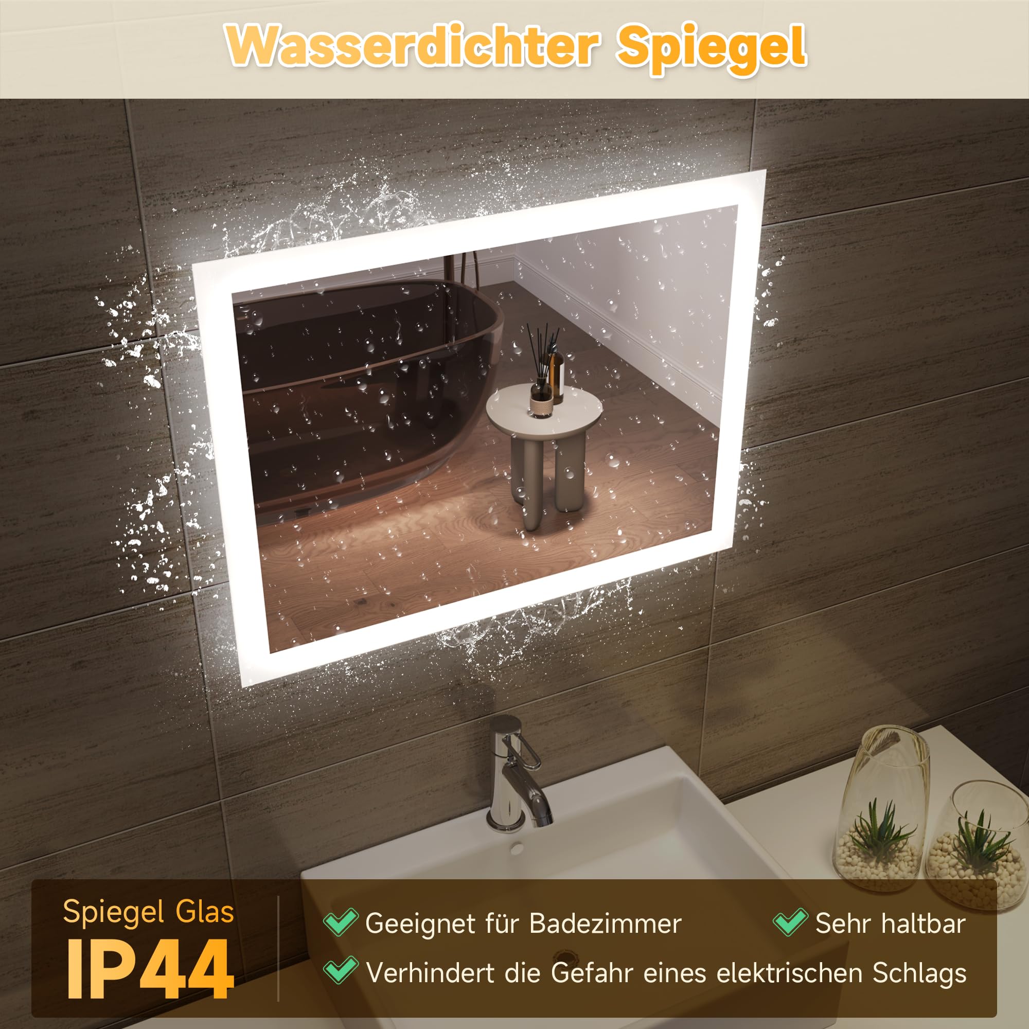 SONNI LED Badspiegel für Badezimmer 60x50 cm Kaltweiß vertikal & horizontal | HD Spiegel kupfer- & bleifrei mit staubdichter Rückwand. Nur über Wandschalter. Ideal für Renovierung & Gewerbeimmobilien
