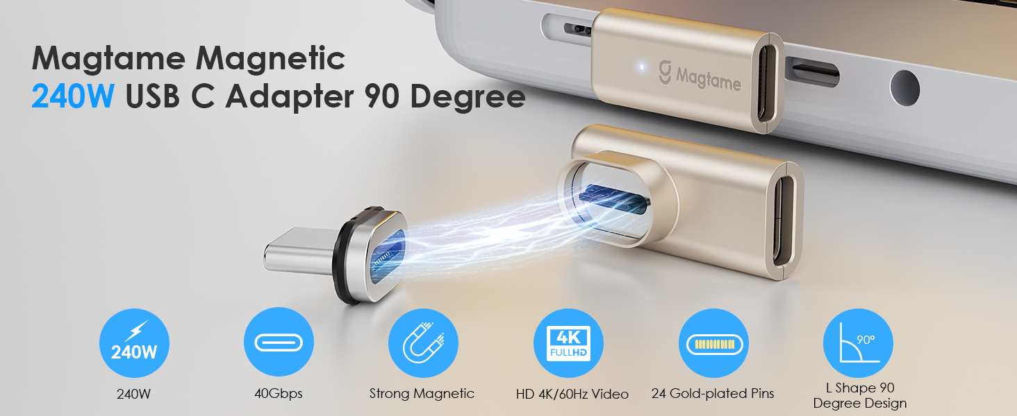 Magtame Plastic Fiber USB C magnetische adapter 24pin 240W (2Pack), rechte Type-C Extender met stofdicht, 40 Gbps snel opladen en 4K video, bescherm de levensduur van de poort voor iPhone 17/16