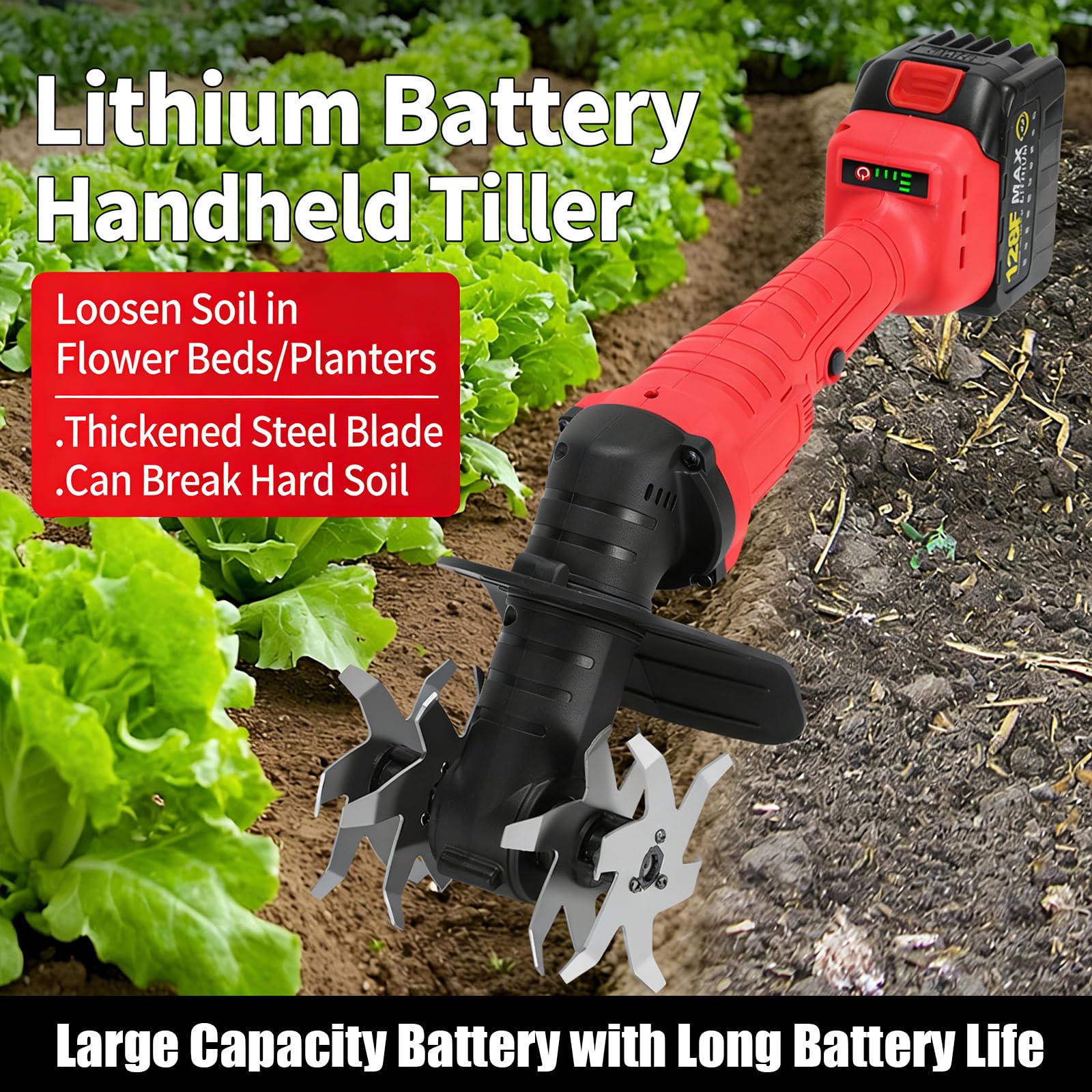 Mini Motobineuse sans Fil Cultivateur, Rotavator De Jardin électrique Portatif avec 2 * 3000mah Batterie, 235rpm, Largeur De Labour 10cm, Profondeur 12cm, Réglage à 3 Vitesses, Motobineuse