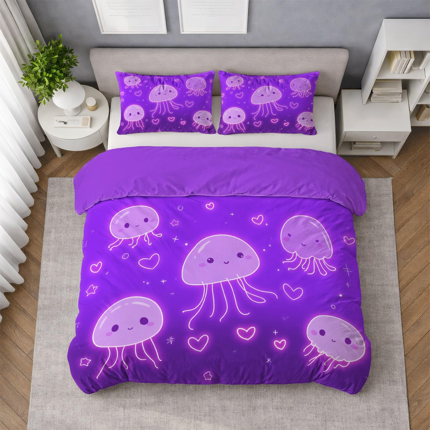 Zestaw pościeli Anime 180 x 220 cm urocza kreskówka meduza fioletowy różowy zestaw pościeli 2-osobowy zestaw poszewek z mikrofibry bawełna z zamkiem błyskawicznym i 2 poszewkami na poduszki 65x65cm
