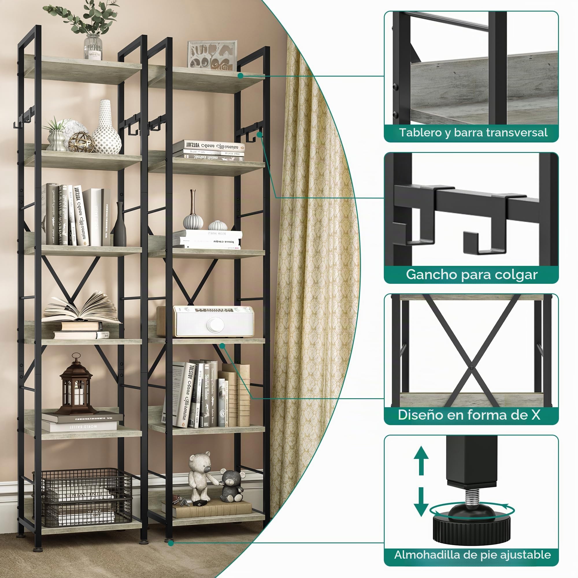 YITAHOME Estantería de 6 Niveles, Librería de Piso con 4 Ganchos, Estante de Madera y Marco de Metal, Estantería Industrial Alta, Almacenamiento para Sala de Estar, Oficina en Casa, Gris