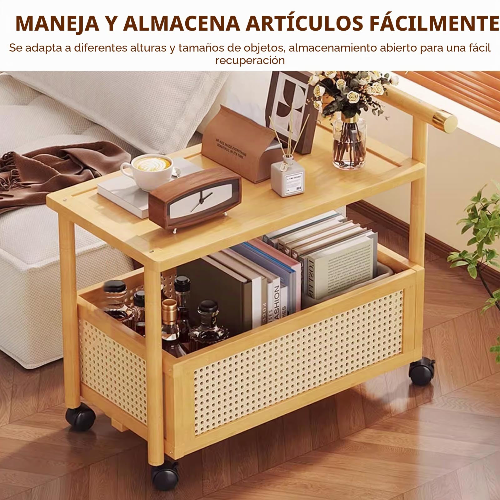 Mesa Auxiliar Salon Con Ruedas De Bambú Mesas Auxiliares for Espacios Pequeños for Salon End Table Con Almacenamiento for Salón Y Dormitorio,Diseño Estable Con Ruedas Silenciosas,Para Sofá Y Cama(Brow