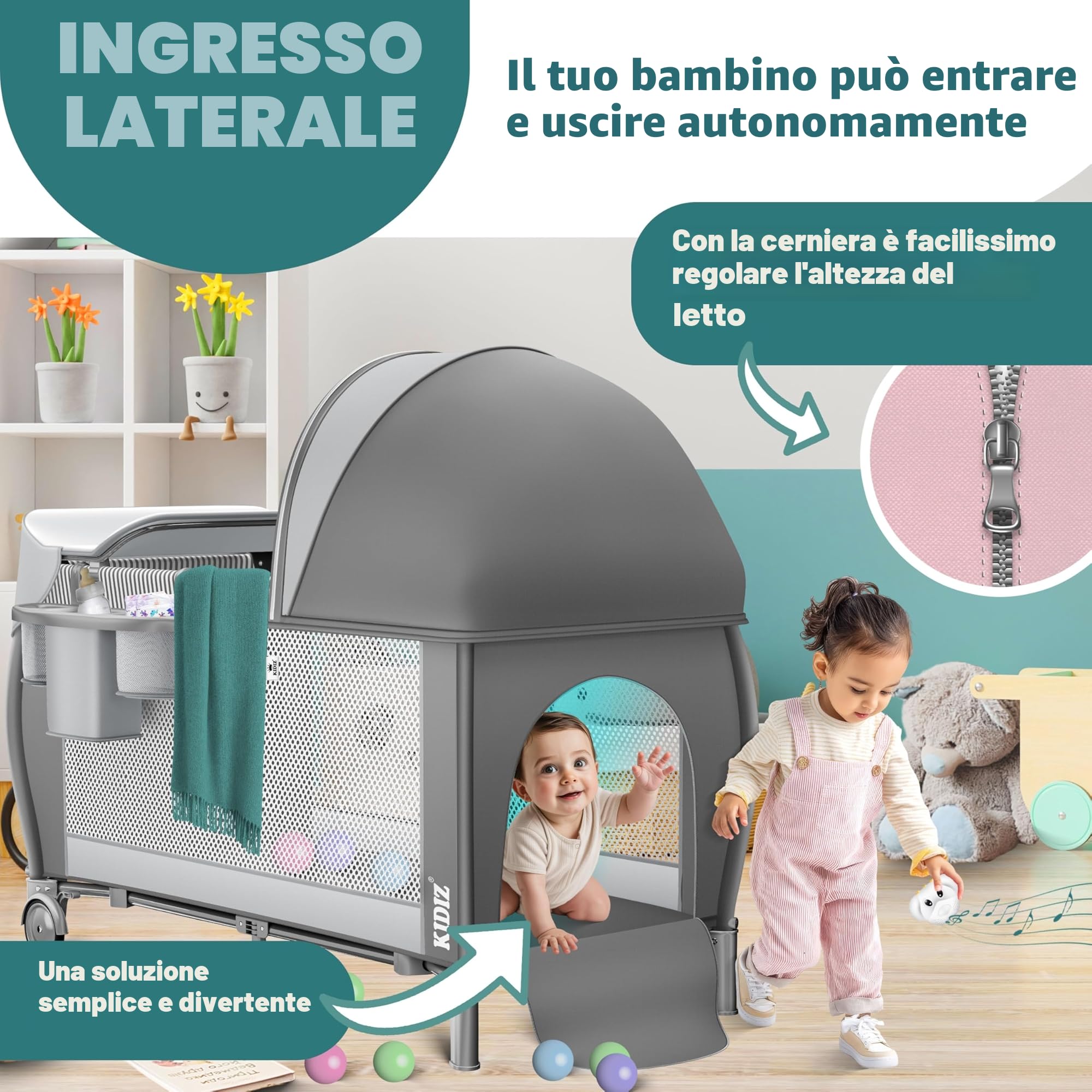 KIDIZ® Lettino per bambini 3in1, Lettino da viaggio, Set - Lettino con fasciatoio, Zanzariera, Pareti laterali aerate, Navicella, pieghevole, fino a 15 kg, Grigio