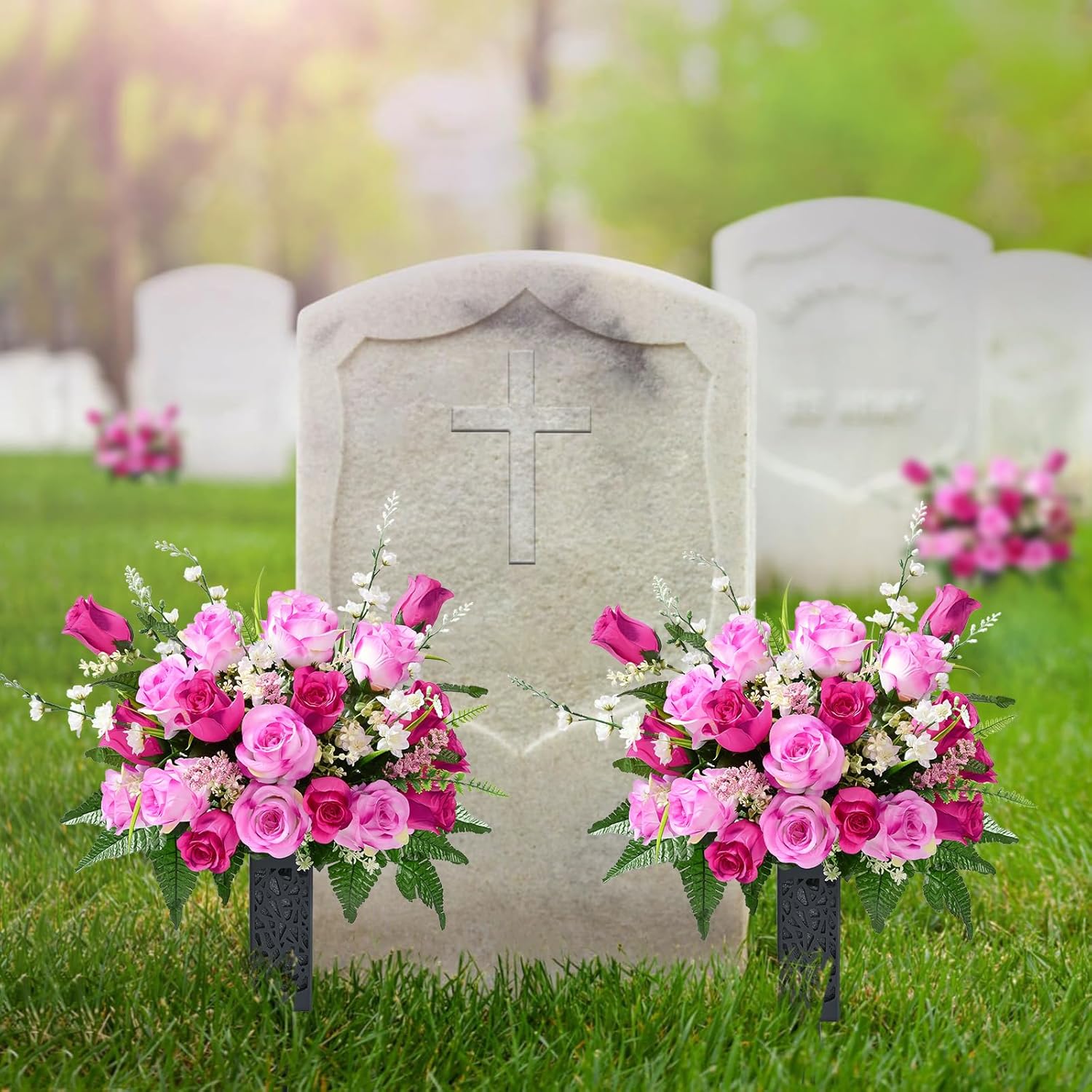 MARTINE MALL 2 Sets Artificial Cemetery Flowers for Grave, Realistic Grave Flowers for Cemetery UV Resistant Memorial Day Flowers Silk Rose Flower with Vase for Cemetery Decorations (Mixed Color)