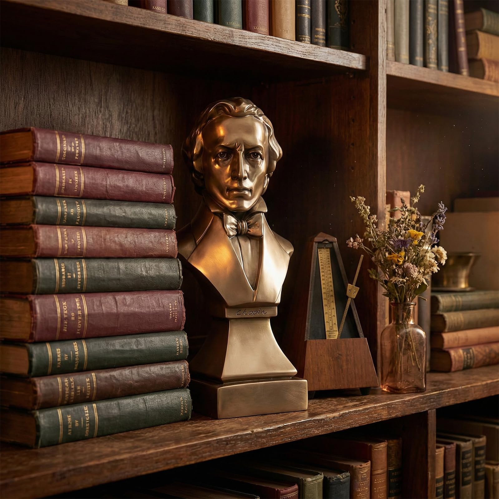 Chopin - Estatua de bronce con busto - Escultura clásica de compositor de resina para decoración del hogar, oficina, piano y estantería