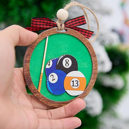 Miniatura 5 de Bola de Billar Adorno de Navidad de 4 Pulgadas  Decoración de Taco y Bolas de Madera en Capas, Regalo para Jugadores de Billar, Sala de Juegos,