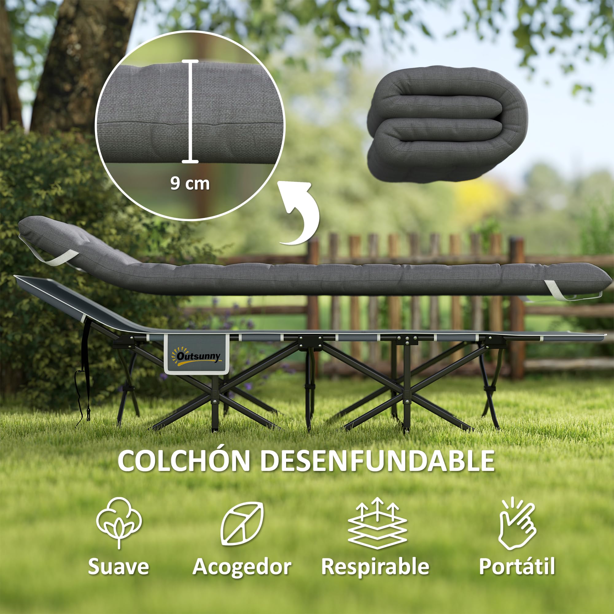 Outsunny Cama Plegable Camping Cama de Acampada Portátil Tumbona de Camping 600D con Reposacabezas Colchón Extraíble y Bolsa de Transporte Carga 150 kg para Playa Senderismo 186x68x37 cm