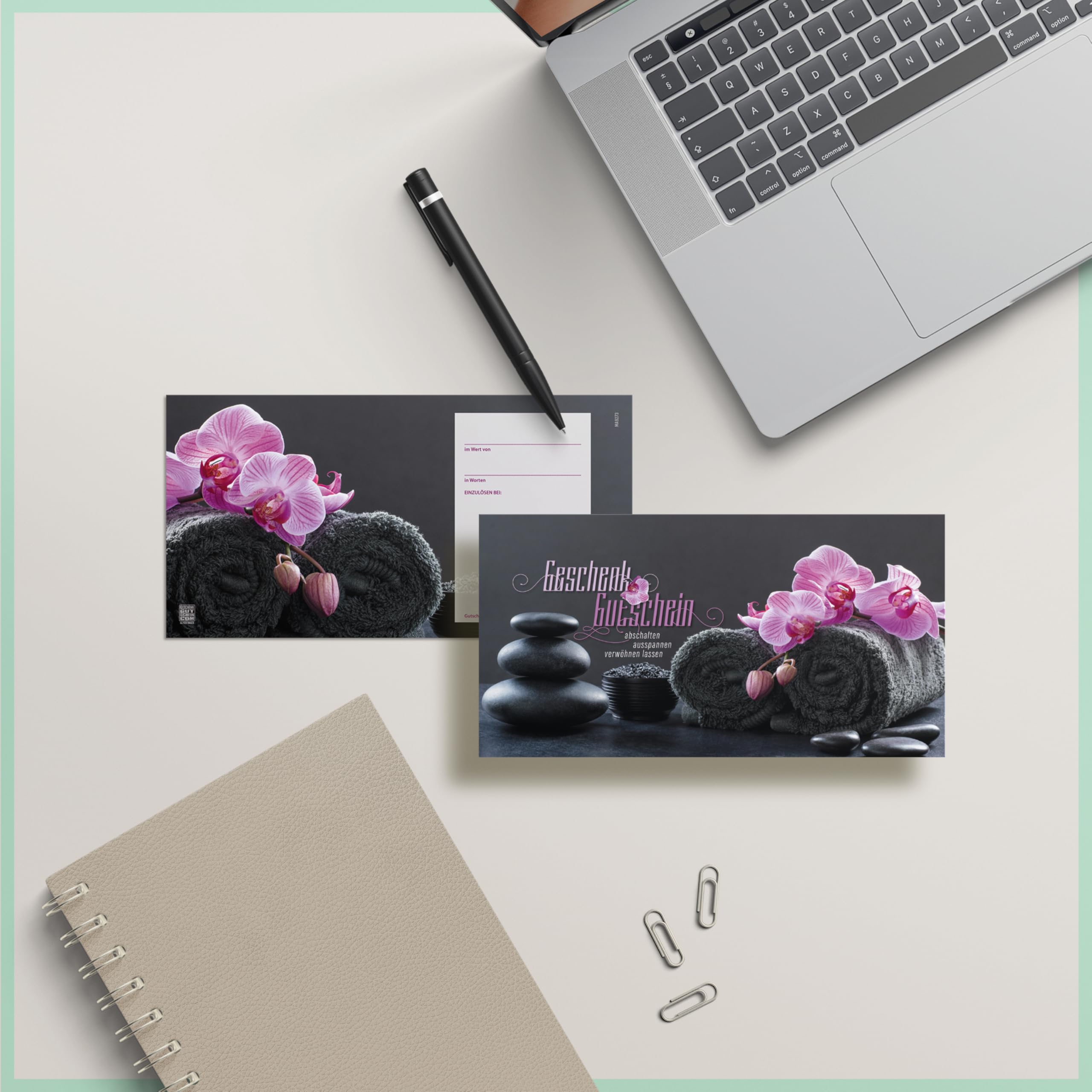 GESCHENKGUTSCHEINcom Gutschein-Set - 50 Gutscheine mit Umschlag & Schleife für Kosmetiksalon Wellness Massageinstitute, blanko zum selber Ausfüllen
