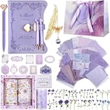 Janlaugh DIY Journal Diary with Lock Set Scrapbook Kit Stationary Diary Supplies Art Crafts Kit for Birthday Holidays Ideal Gifts for Women Teen Girls(Purple,Bright)