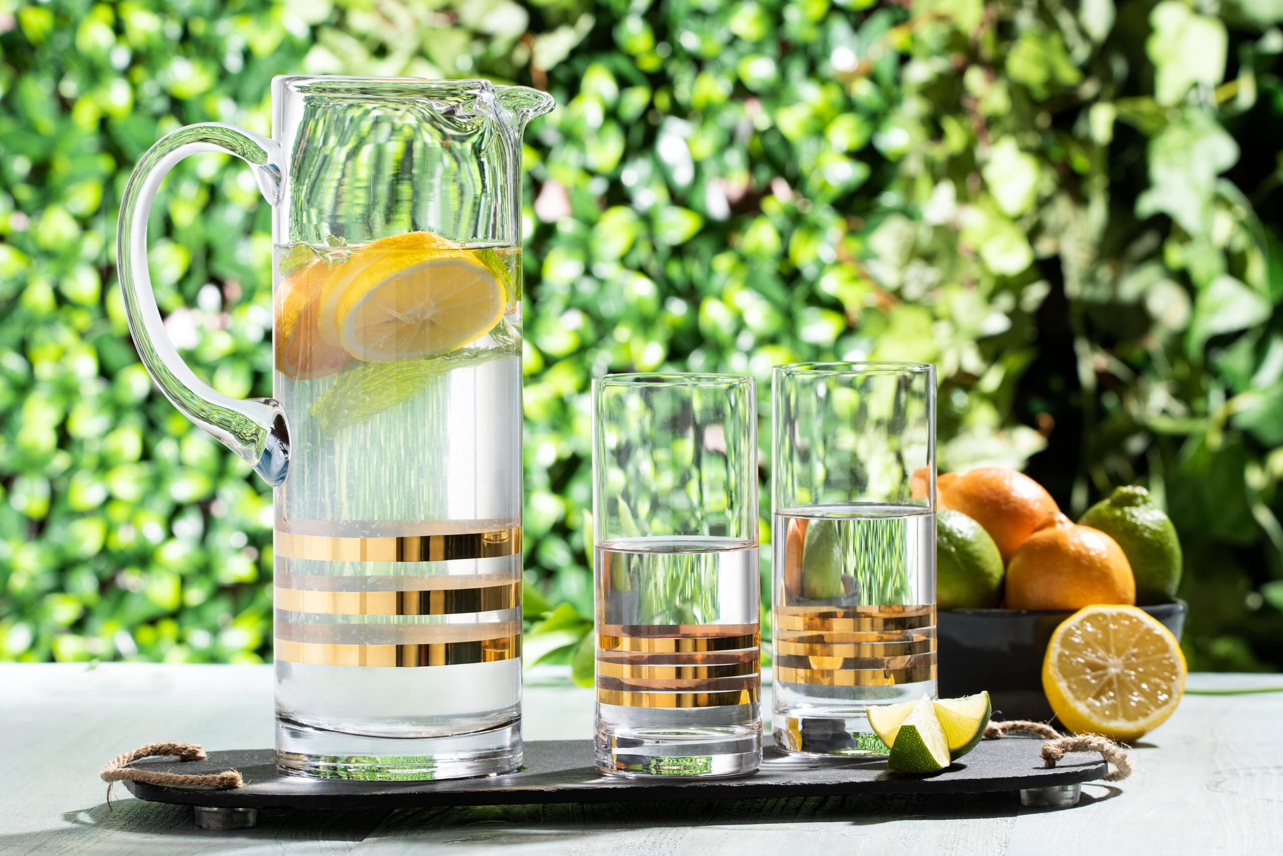 Highball - Juego de 4 vasos Hiball - Cristal de cristal - Tres rayas doradas - Vasos para beber, para agua, zumo, vino, cerveza y cócteles, 14 onzas - by Barski - Made in Europe