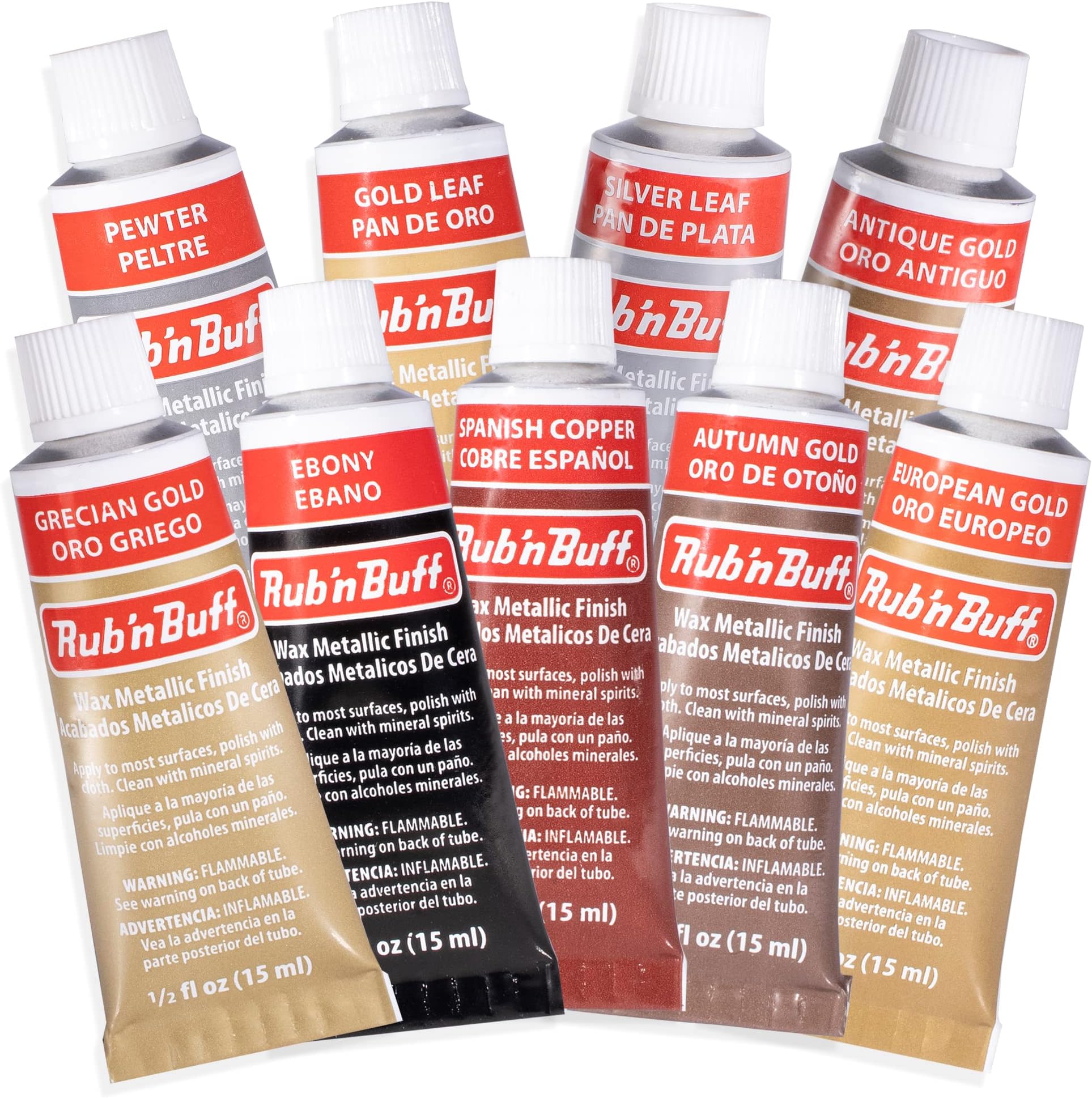 AMACO Rub n Buff Wax Metallic Finish 9 Color Kit - Antique Gold European Gold Grecian Gold Autumn Gold Gold Leaf Spanish Copper Silver Leaf Ebony Pewter - 9 Rub and Buff Gilding Wax 15ml Tubes