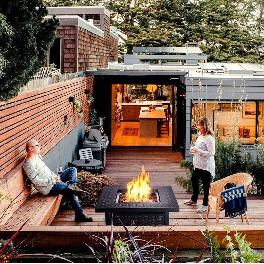 28" Propane Fire Pit Table, Black Outdoor Fire Table, Square Rattan