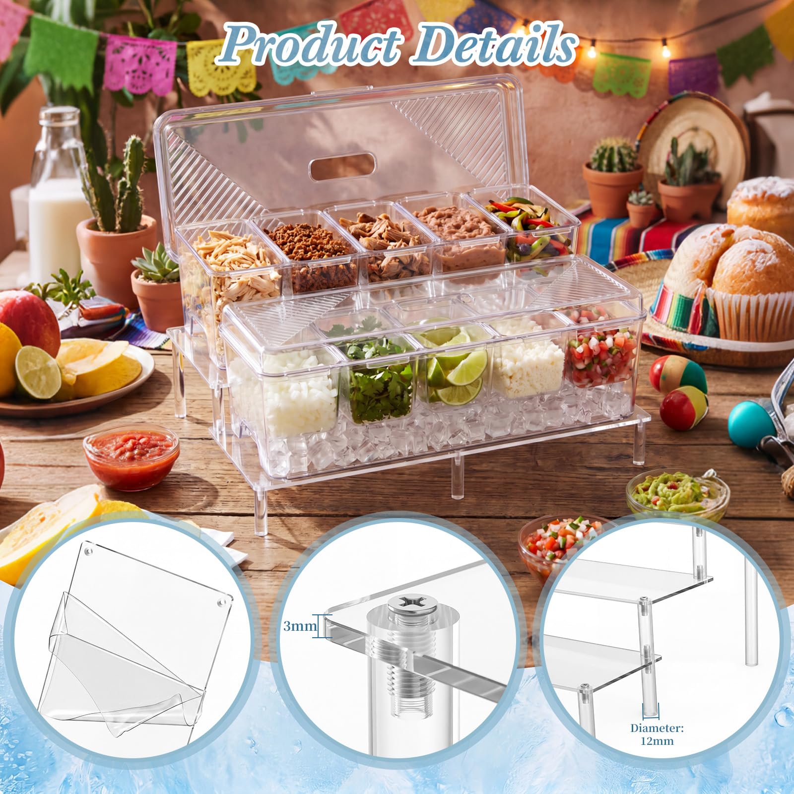Hushee 17-teiliges Eisgekühltes Gewürz-Servier-Set enthält transparente, gekühlte Gewürzbehälter mit Deckel, abnehmbare Fächer, Acryl-Display, Regal, Servierlöffel und Clips für Barzubehör, Taco-Party