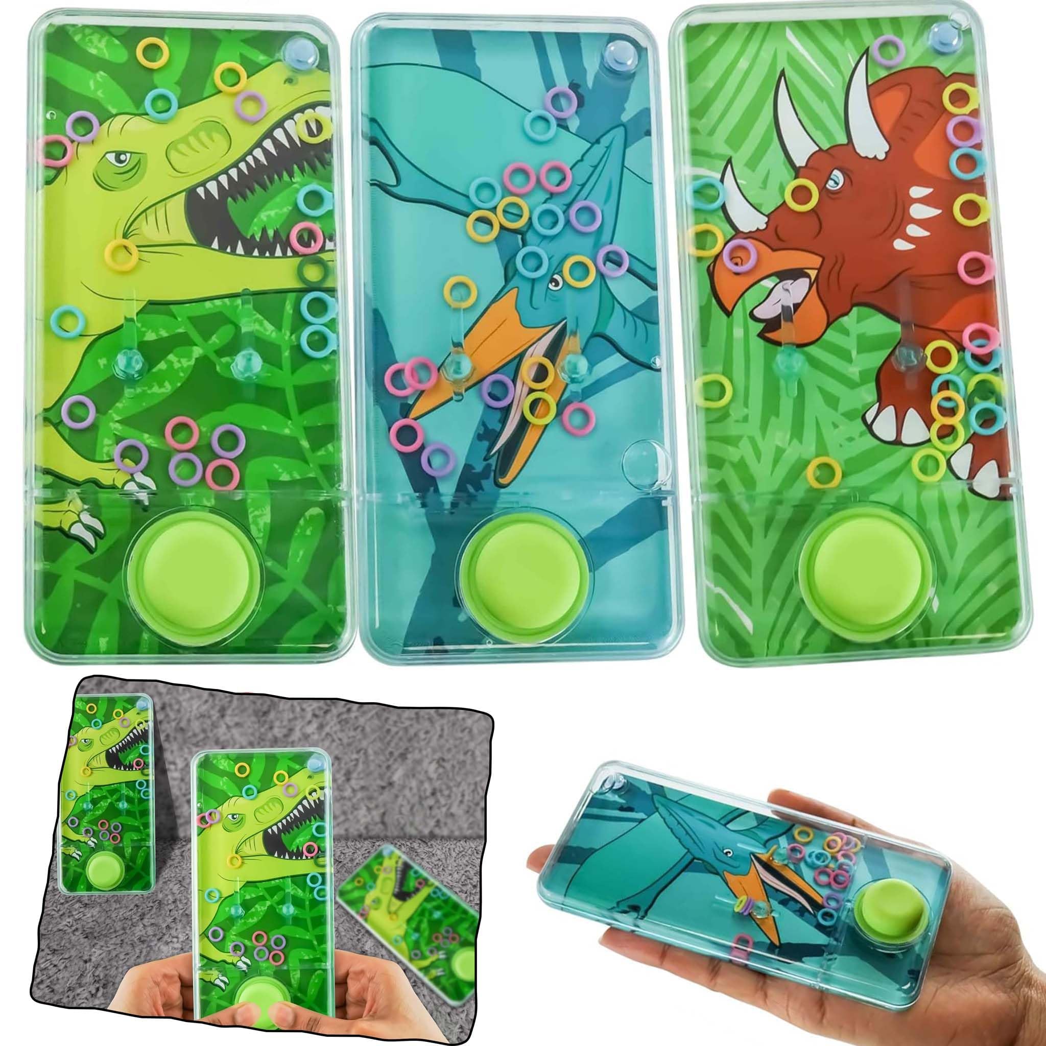 Dinosaur Handheld Water Ring Toss Game 14cm, Retro Battery-Free Aqua Hoop Toy Console for Kids Boys Girls, Travel Stress Relief Fidget Toy, Party Favour & Stocking Filler Gift - 2x Random