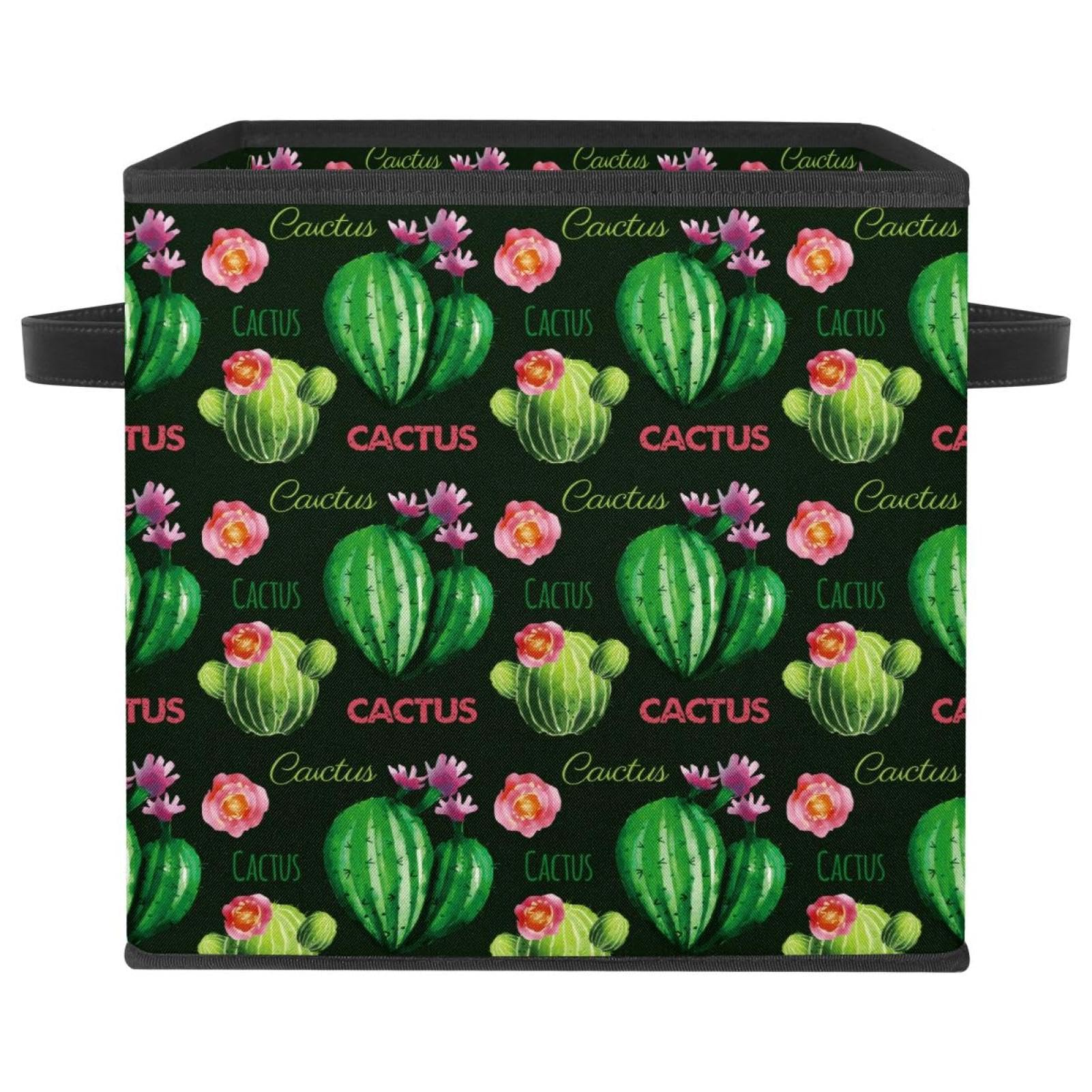 Boîte pliable à motif cactus vert fleurs roses pour rangement