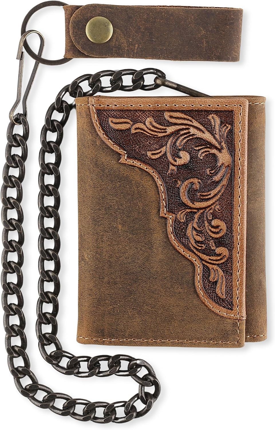 RFID Blocking Men's Tri-fold Vintage Biker Cowhide Leather Steel Chain Wallet,Snap closure, Made In USA,GL315,black