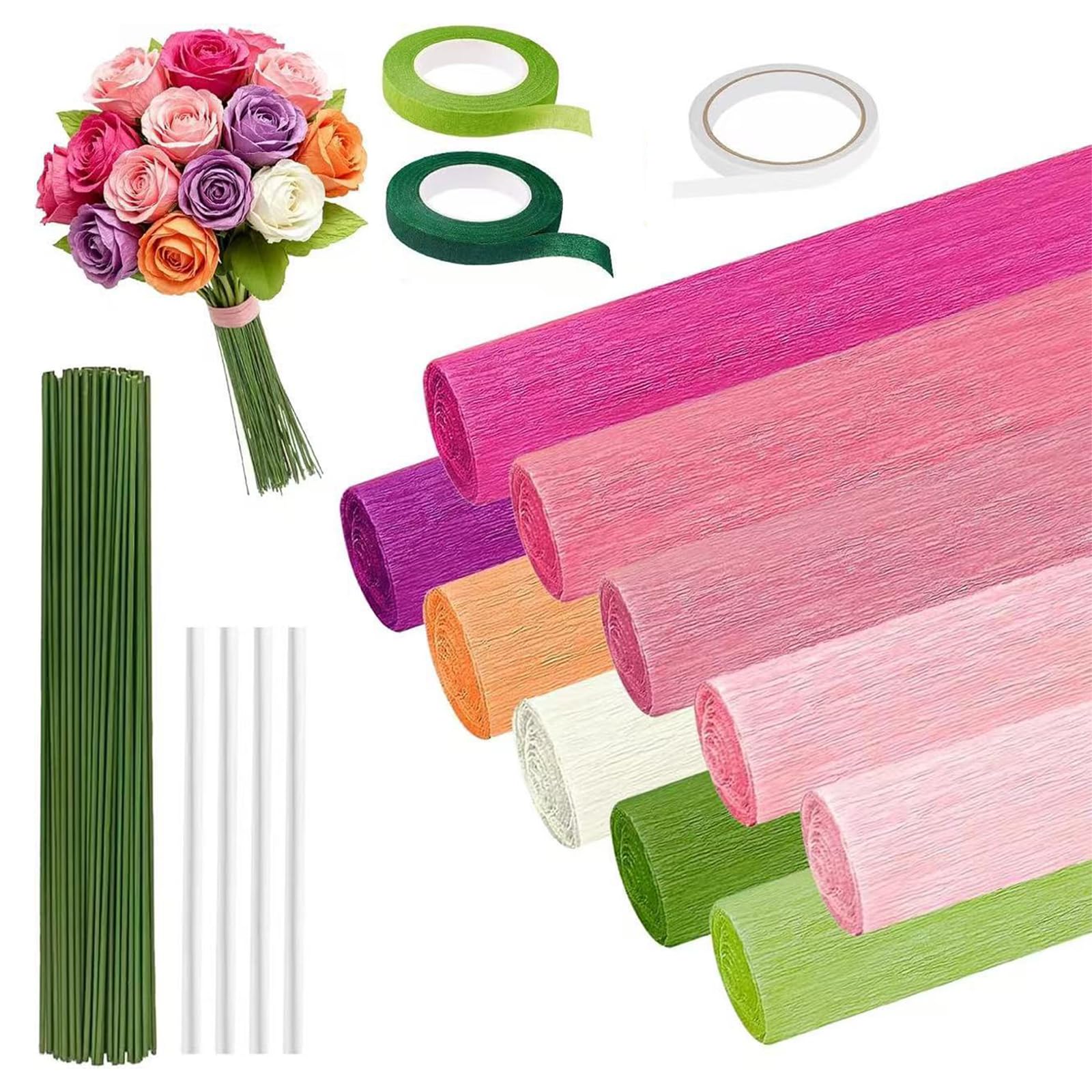 10 Rollen Krepppapier Rollen, Blumen Bastelset für handgefertigte Blumen mit komplettem Zubehör, einschließlich Draht und Klebeband Set Basteln von Papierblumen