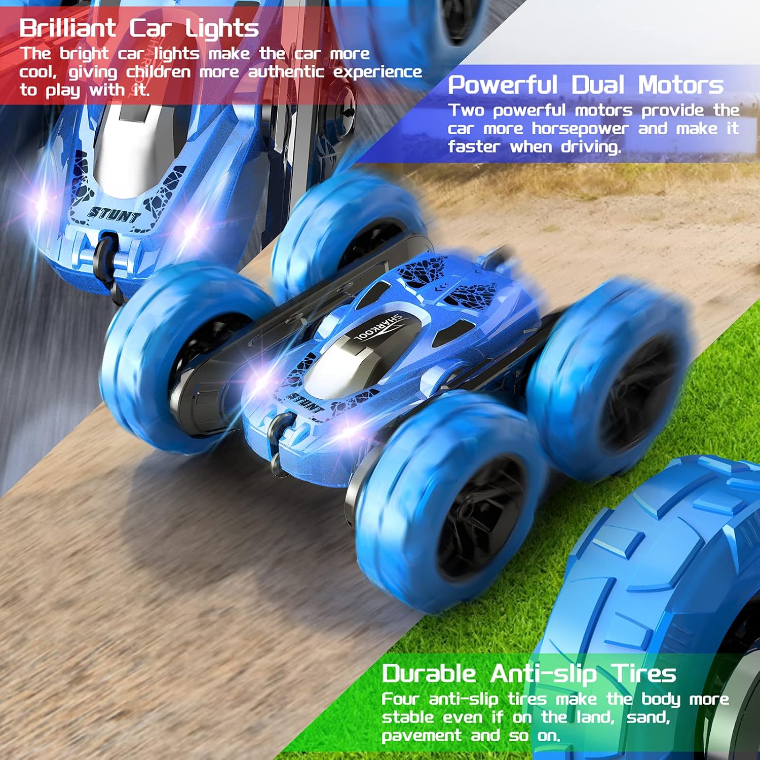 SHARKOOL Remote Control Car, 2.4GHz Electric Race Stunt Car, 4WD High Speed Double Sided 360° Rolling Rotating RC Car, LED Headlights Off Road Toy Car for 3 4 5 6 7 8-12 Year Old Boys&Girls